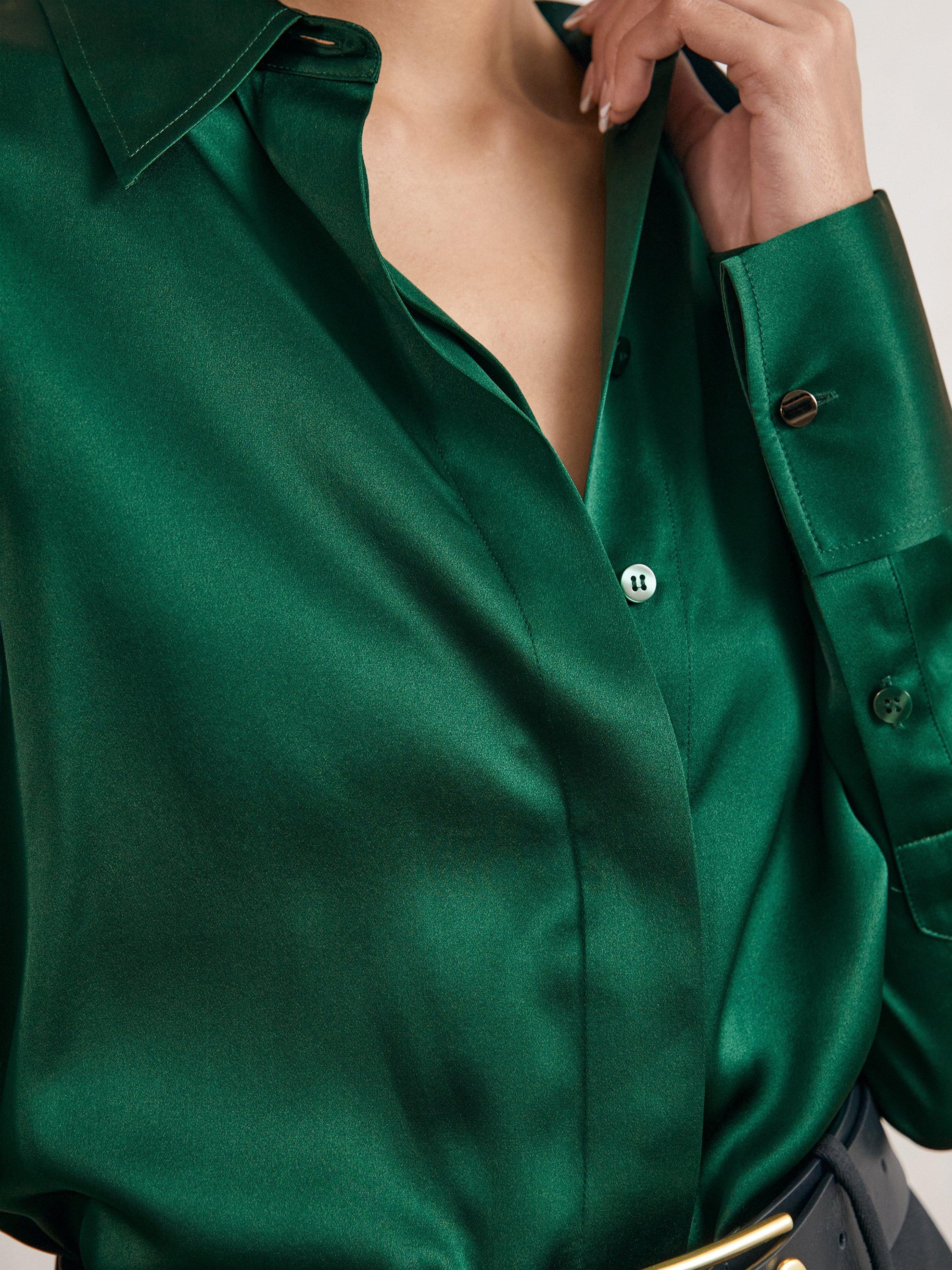 Product image 5 of 5, which shows Reiss Ameira Pure Silk Shirt, Green, 14