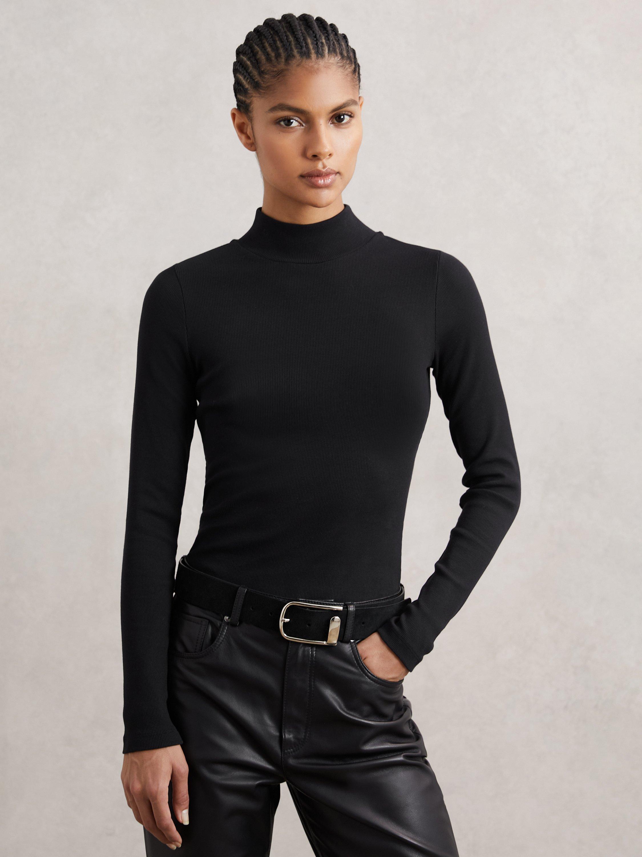 Product image 1 of 5, which shows Reiss Polly Ribbed Funnel Neck Top, Black, XS