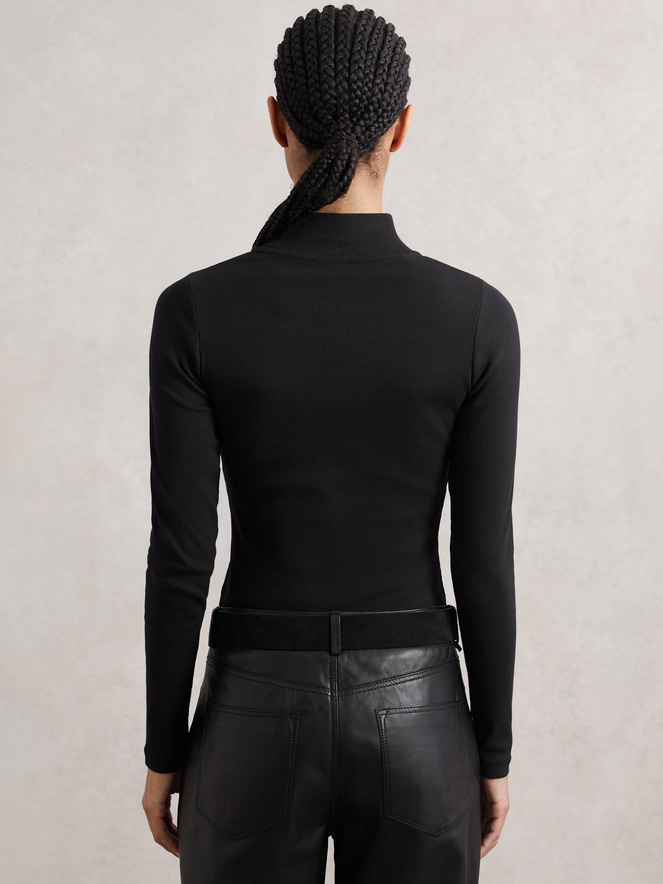 Product image 2 of 5, which shows Reiss Polly Ribbed Funnel Neck Top, Black, XS