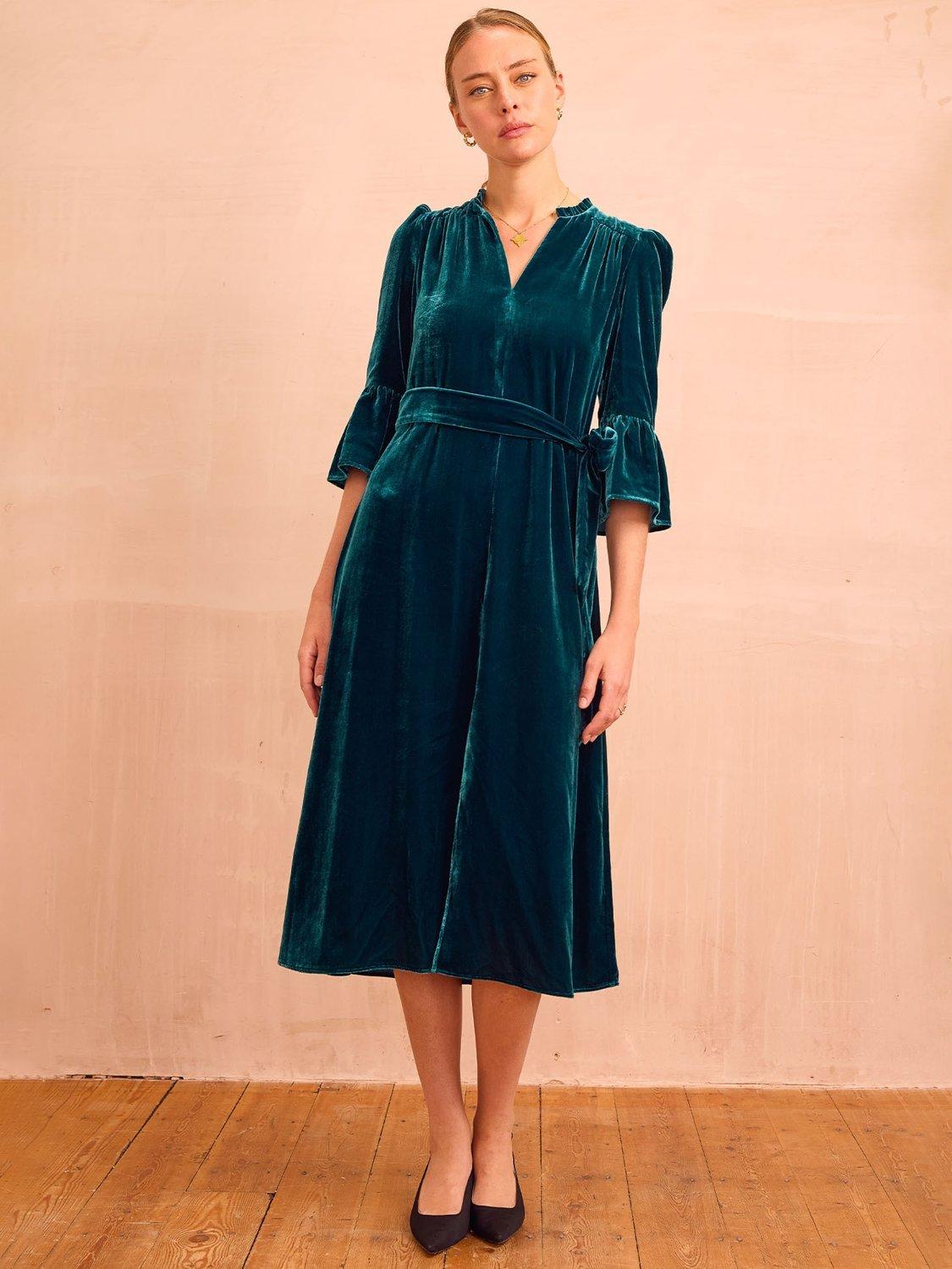 Product image 1 of 5, which shows Aspiga Astrid Velvet V-Neck Midi Dress, Teal, XS