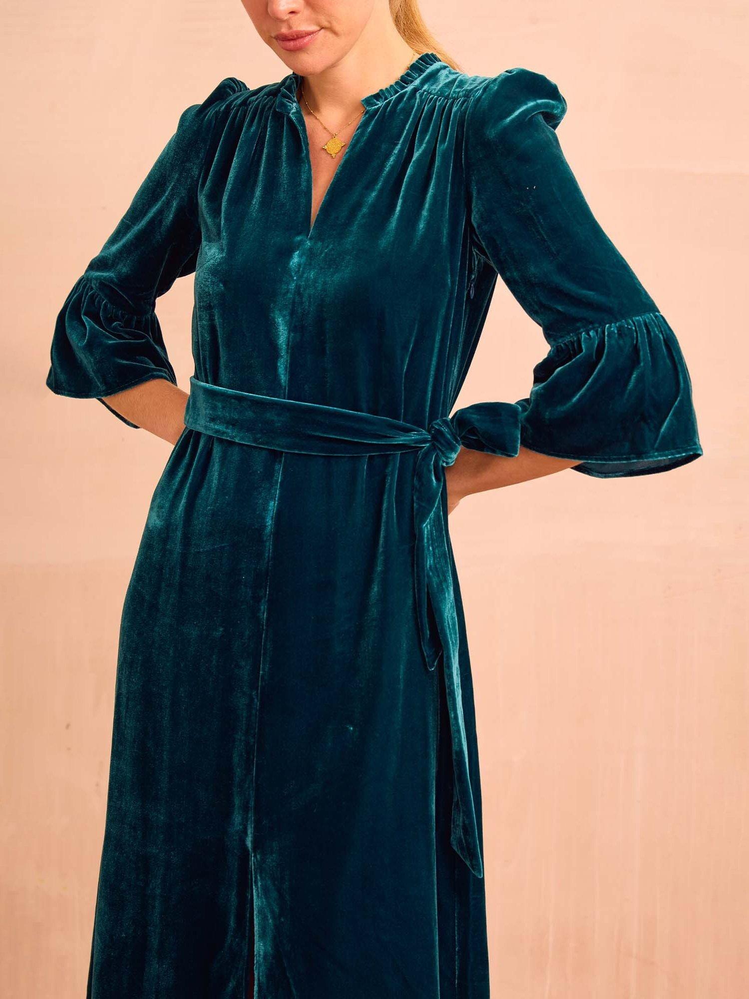 Product image 3 of 5, which shows Aspiga Astrid Velvet V-Neck Midi Dress, Teal, XS