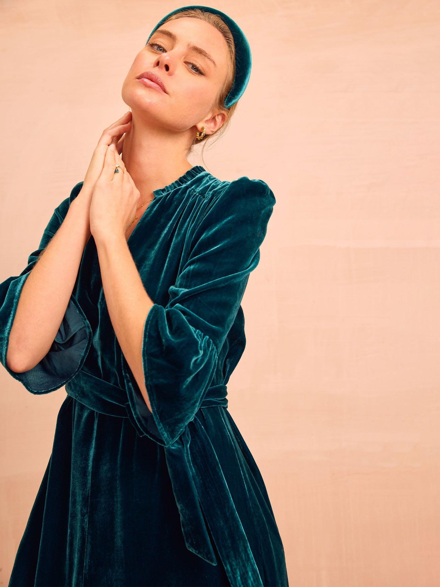 Product image 4 of 5, which shows Aspiga Astrid Velvet V-Neck Midi Dress, Teal, XS