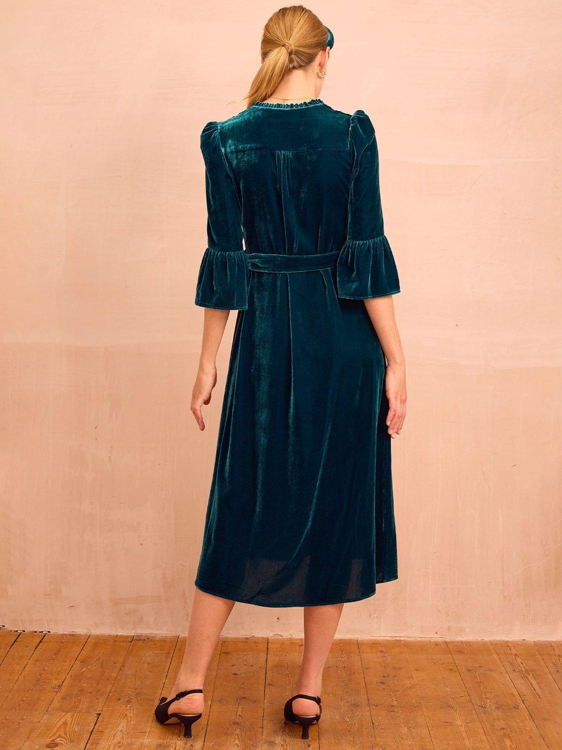 Product image 5 of 5, which shows Aspiga Astrid Velvet V-Neck Midi Dress, Teal, XS