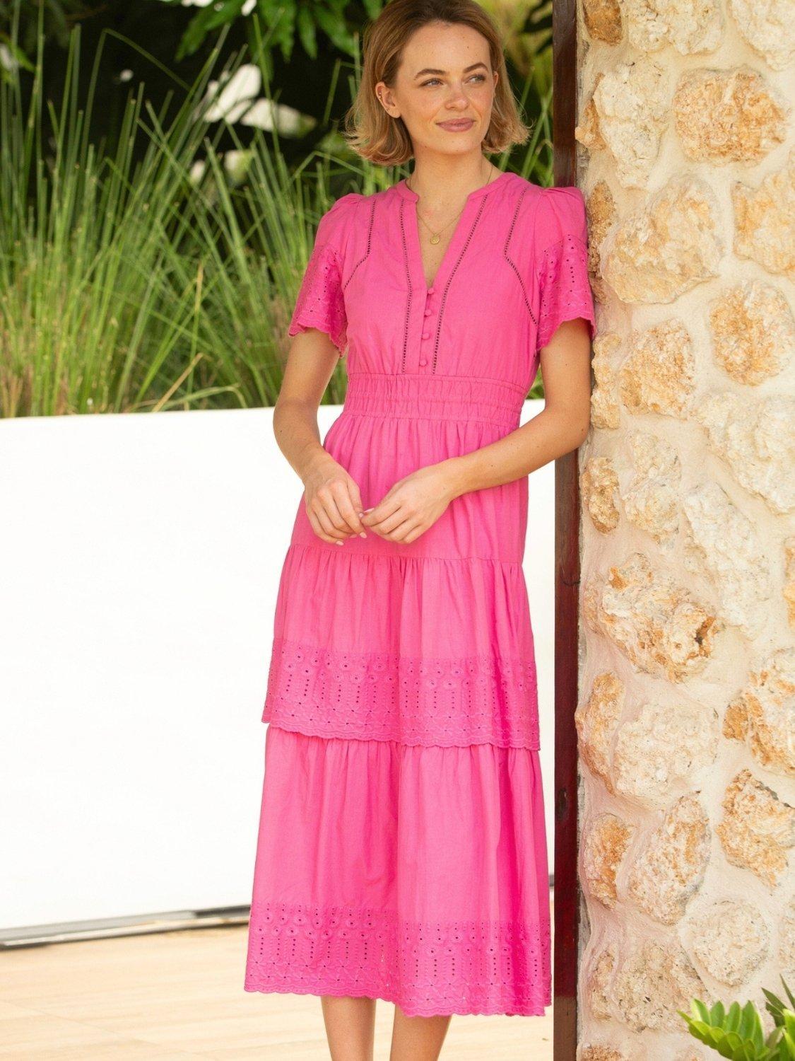 Product image 1 of 6, which shows Aspiga Sienna Broderie Midi Dress, Pink, XS