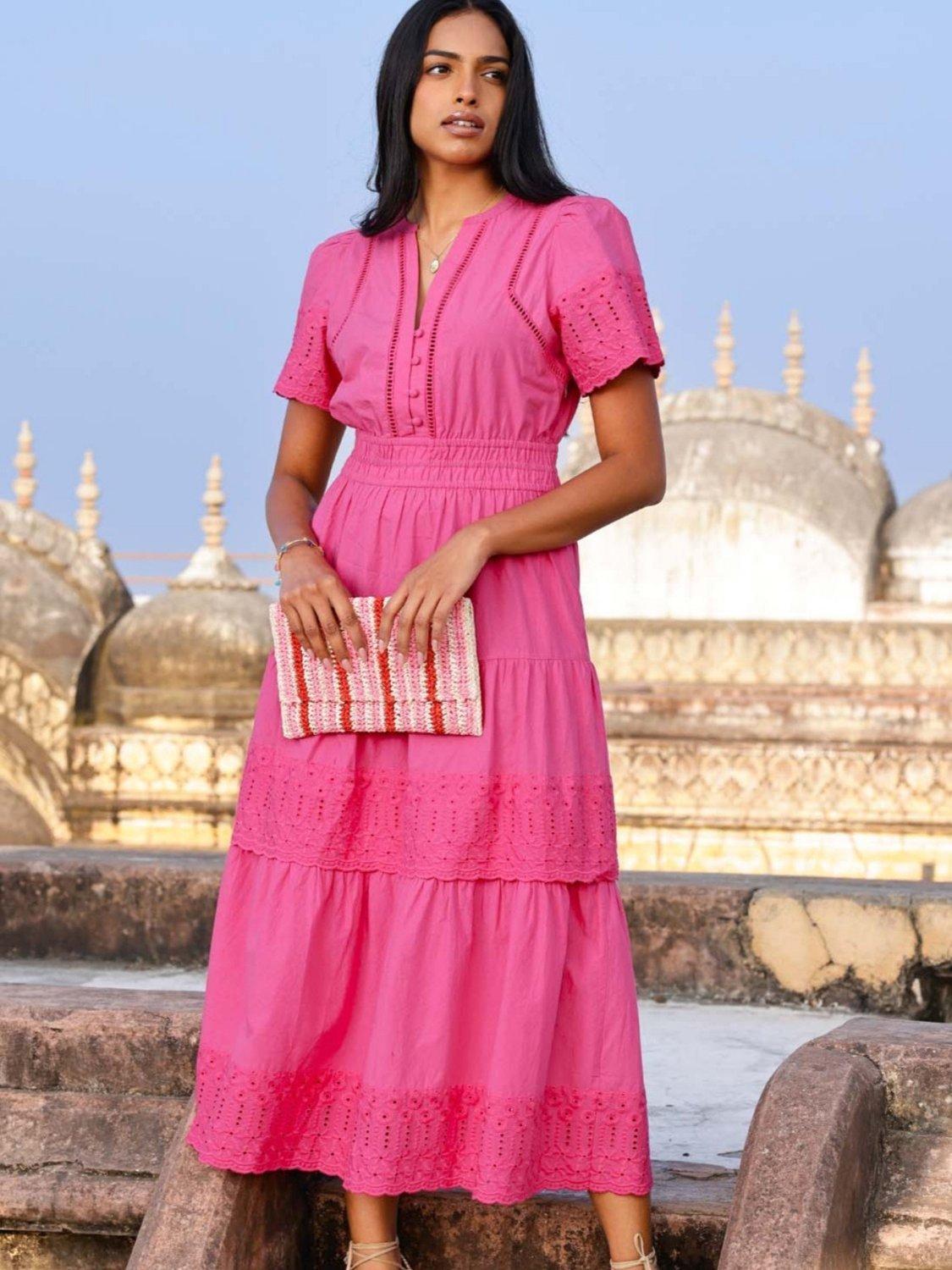 Product image 6 of 6, which shows Aspiga Sienna Broderie Midi Dress, Pink, XS