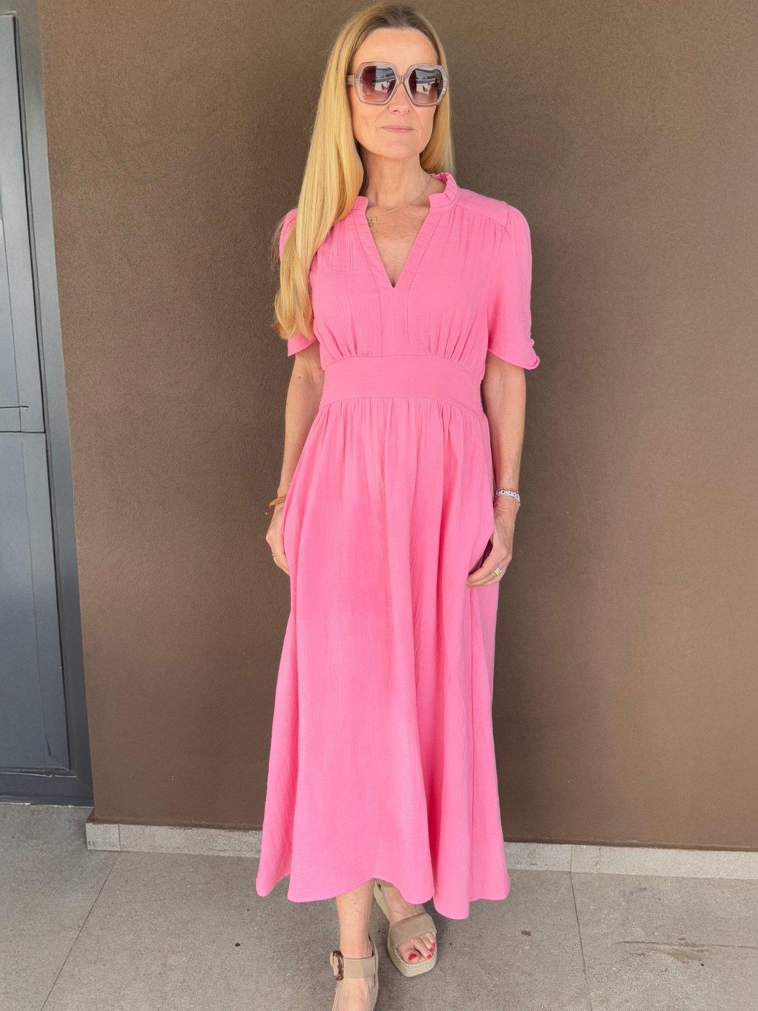 Product image 2 of 4, which shows Aspiga Esha Cotton Cheesecloth Midi Dress, Pink Lemonade, XS