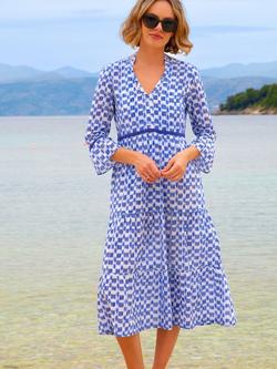 Aspiga Hayden Cotton V-Neck Midi Dress, White/Blue, White/Blue