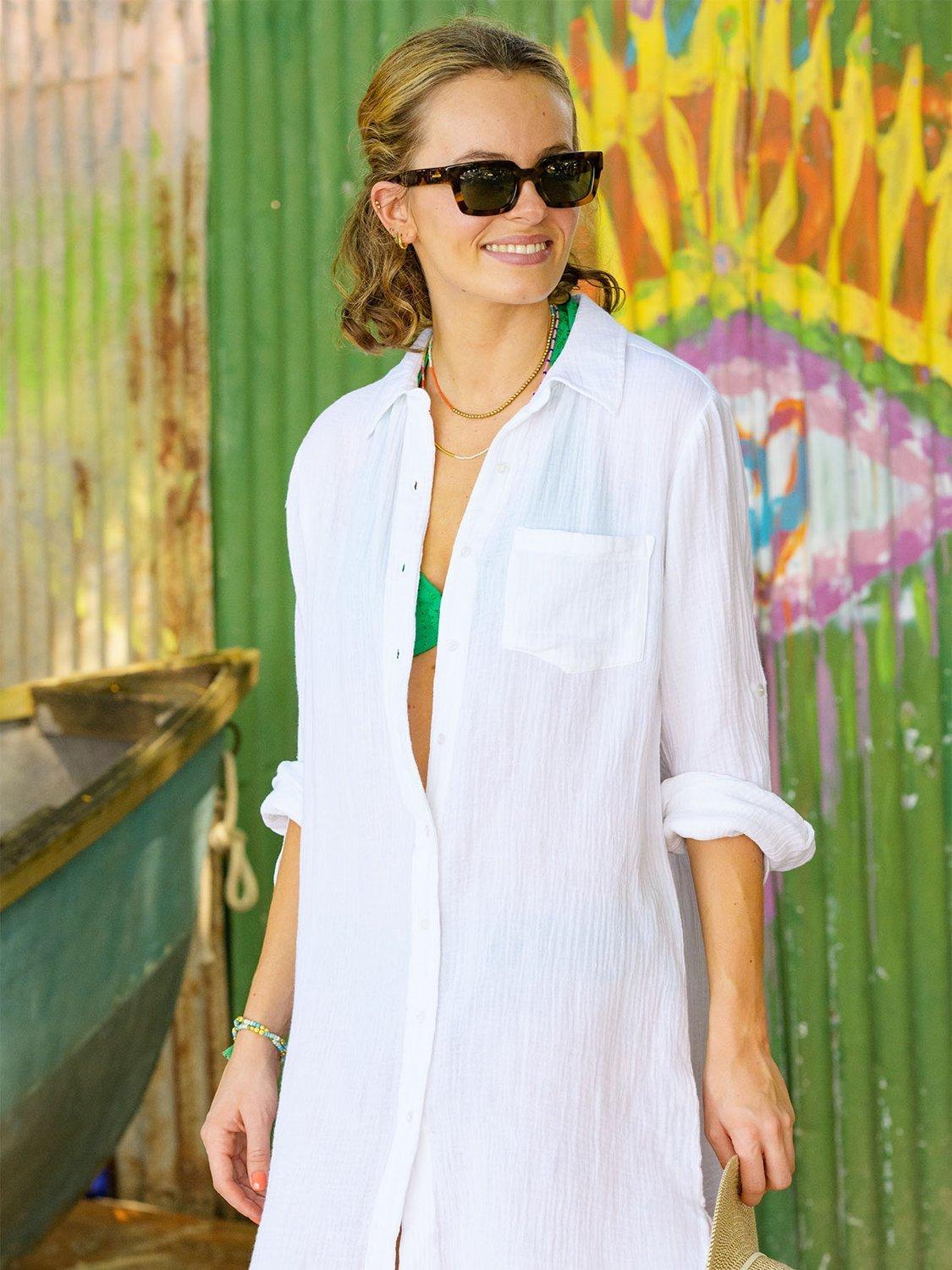 Product image 2 of 4, which shows Aspiga Saffron Cheesecloth Cotton Beach Shirt, White, XS