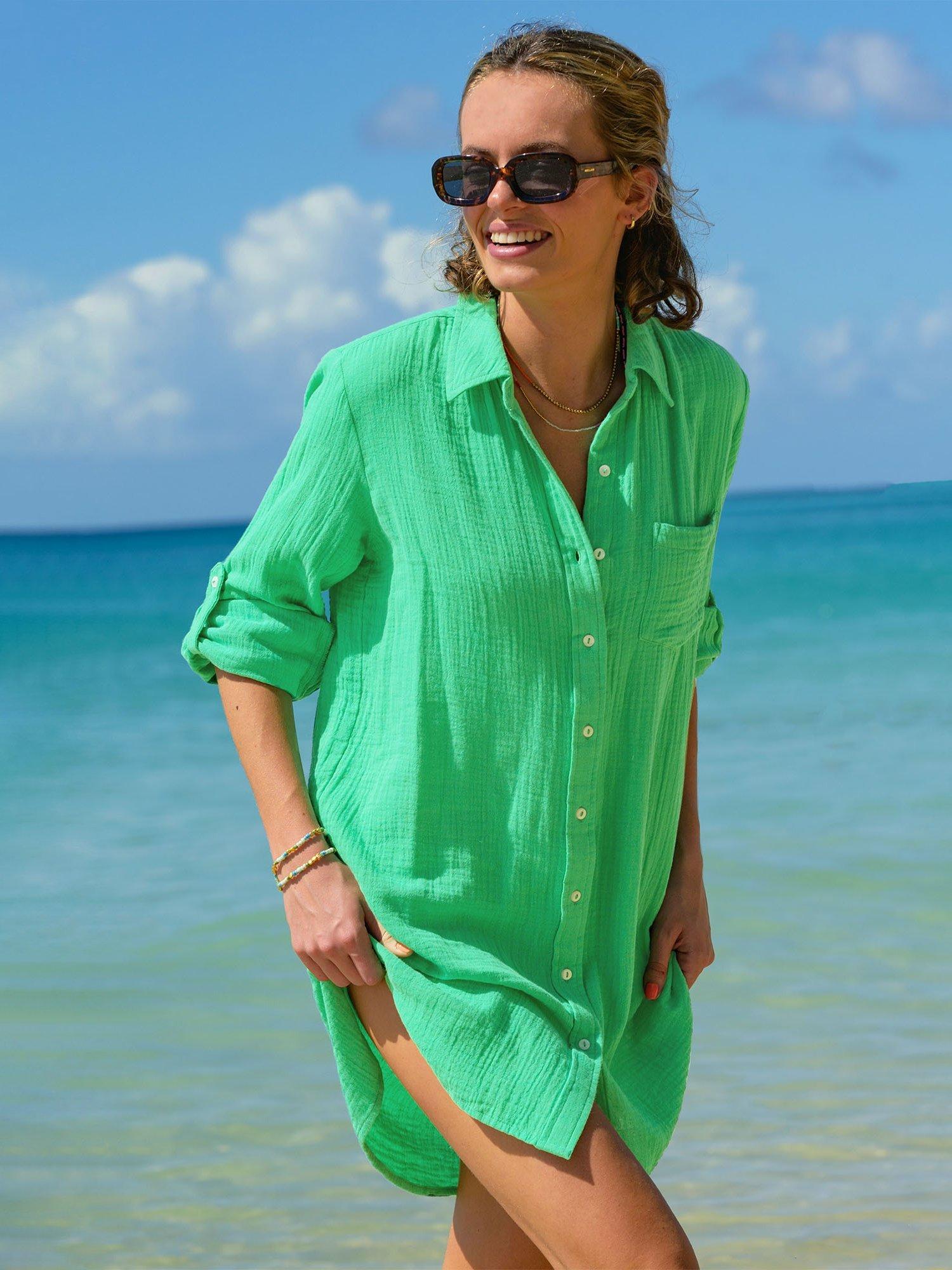 Product image 3 of 4, which shows Aspiga Saffron Cheesecloth Cotton Beach Shirt, Green, XS