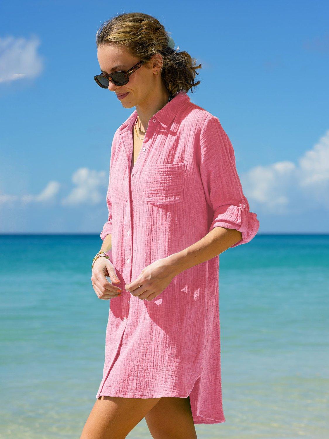 Product image 4 of 4, which shows Aspiga Saffron Cheesecloth Cotton Beach Shirt, Pink, XS