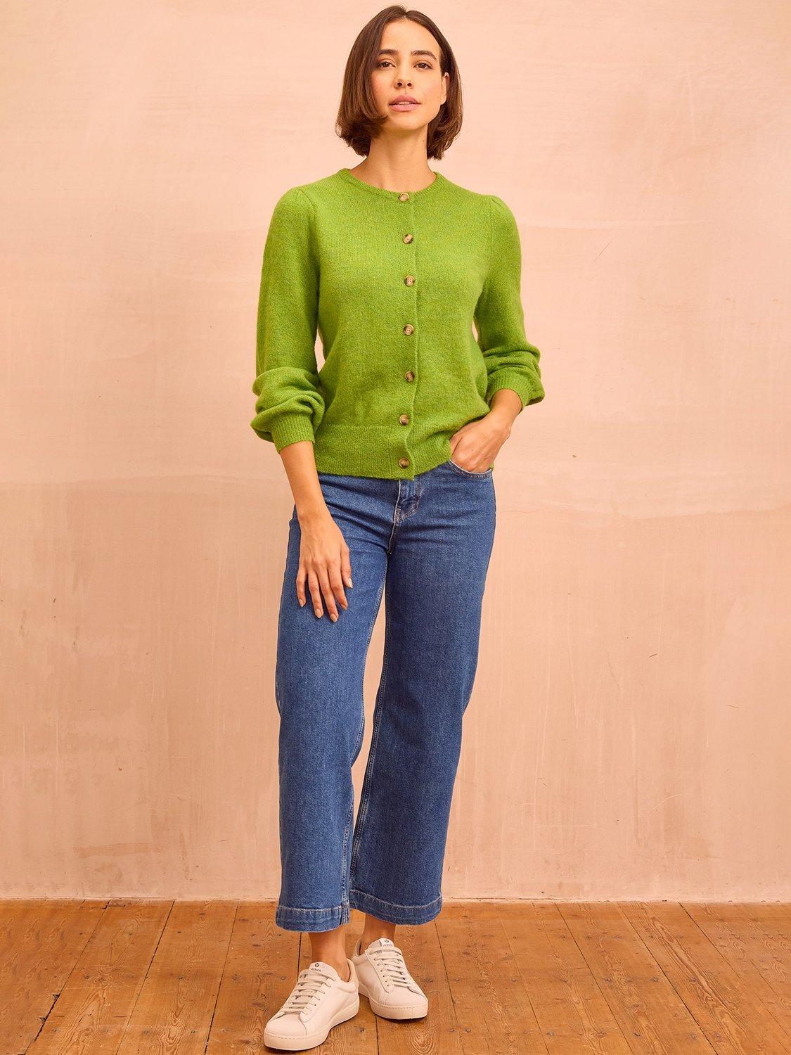 Product image 2 of 6, which shows Aspiga Puff Sleeve Wool Blend Cardigan, Green, XS