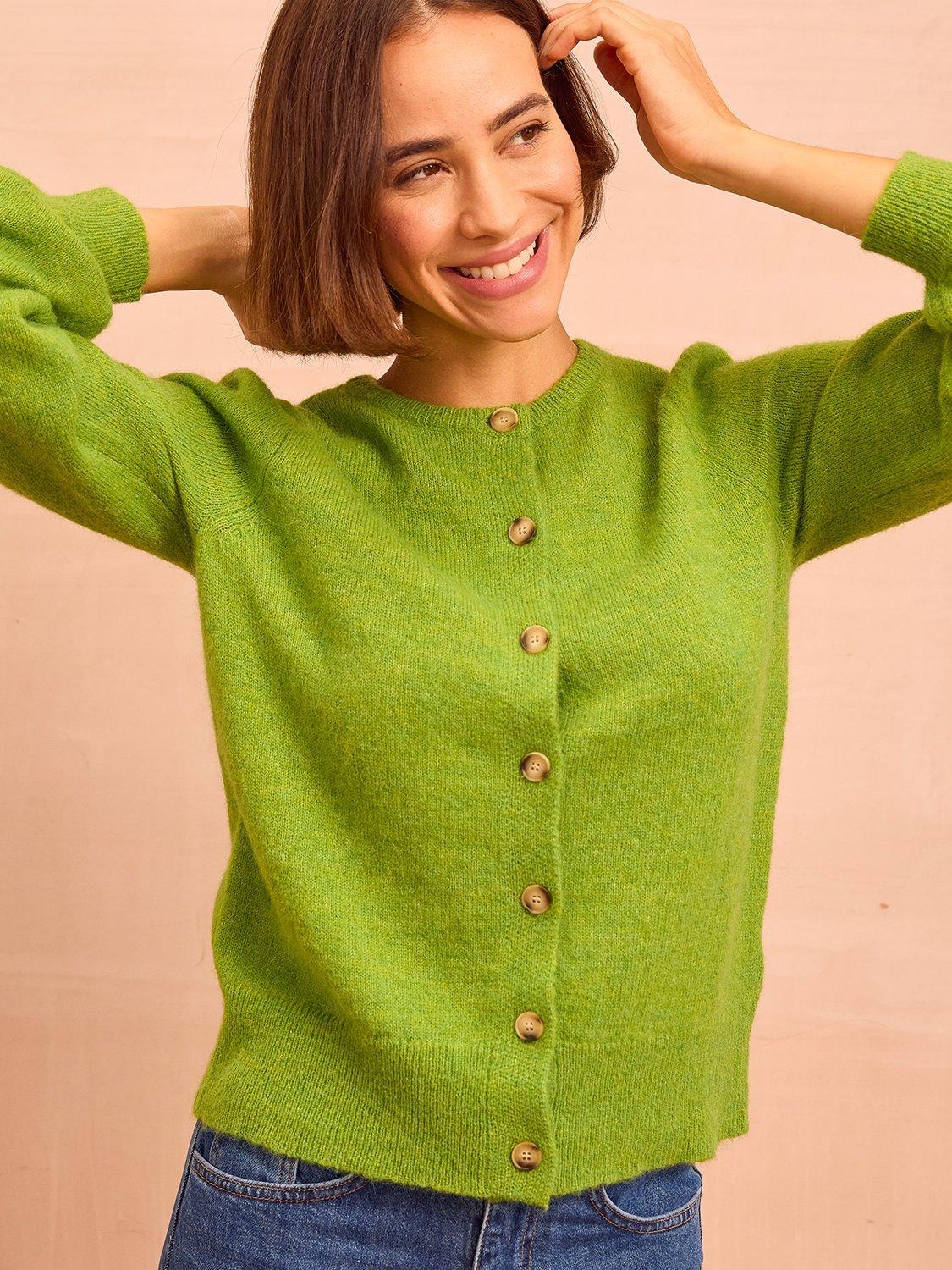 Product image 4 of 6, which shows Aspiga Puff Sleeve Wool Blend Cardigan, Green, XS