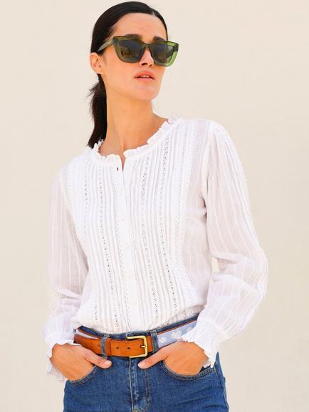 Aspiga Vienna Organic Cotton Embroidered Round Neck Blouse, White