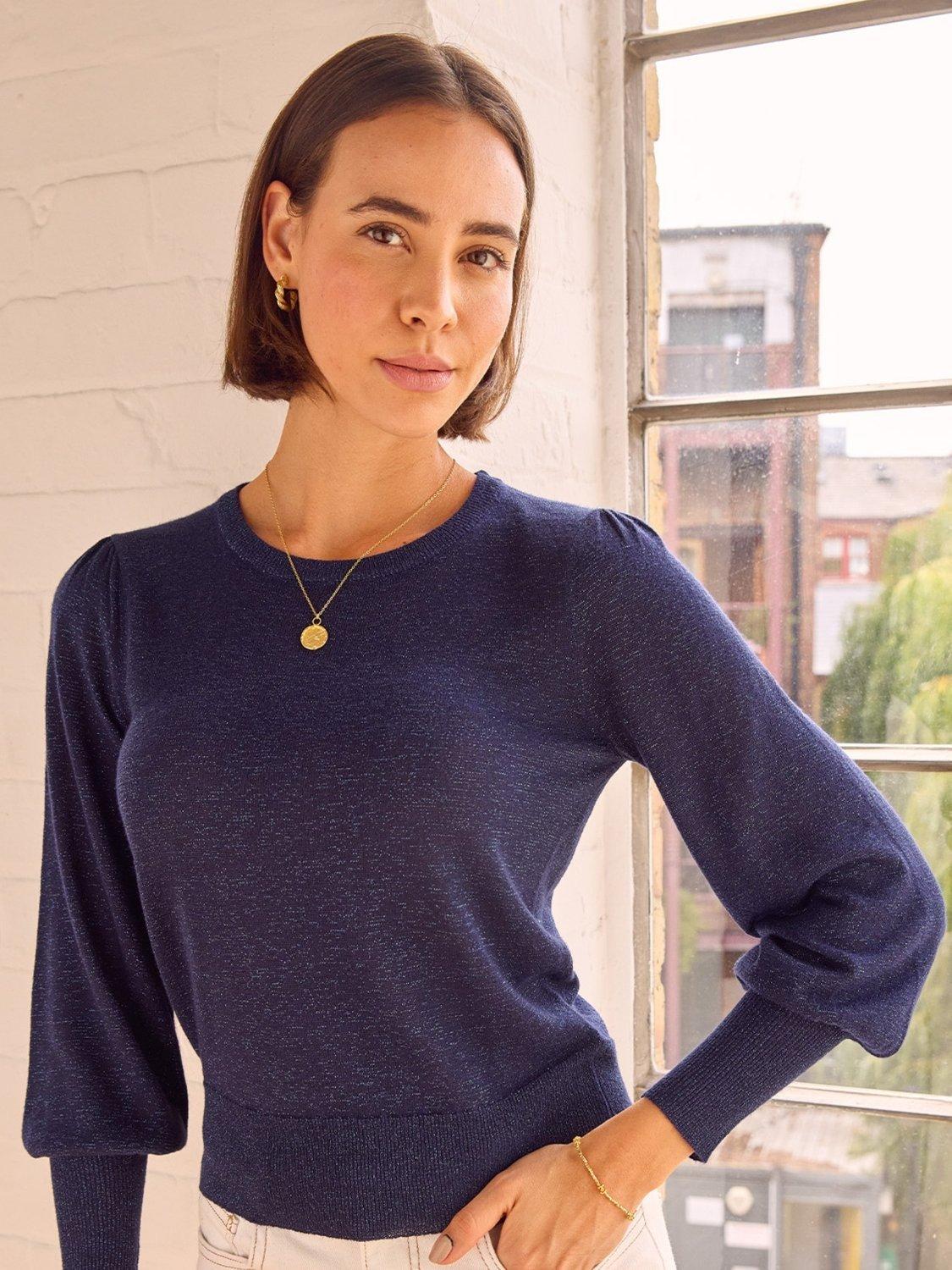 Product image 1 of 4, which shows Aspiga Metallic Knit Crew Neck Jumper, Navy, XS