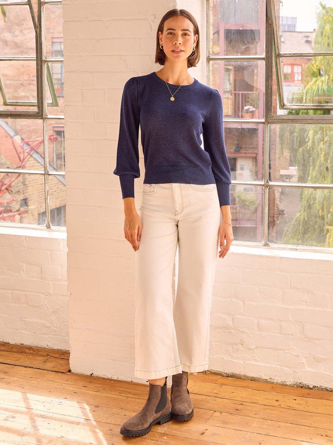 Product image 2 of 4, which shows Aspiga Metallic Knit Crew Neck Jumper, Navy, XS