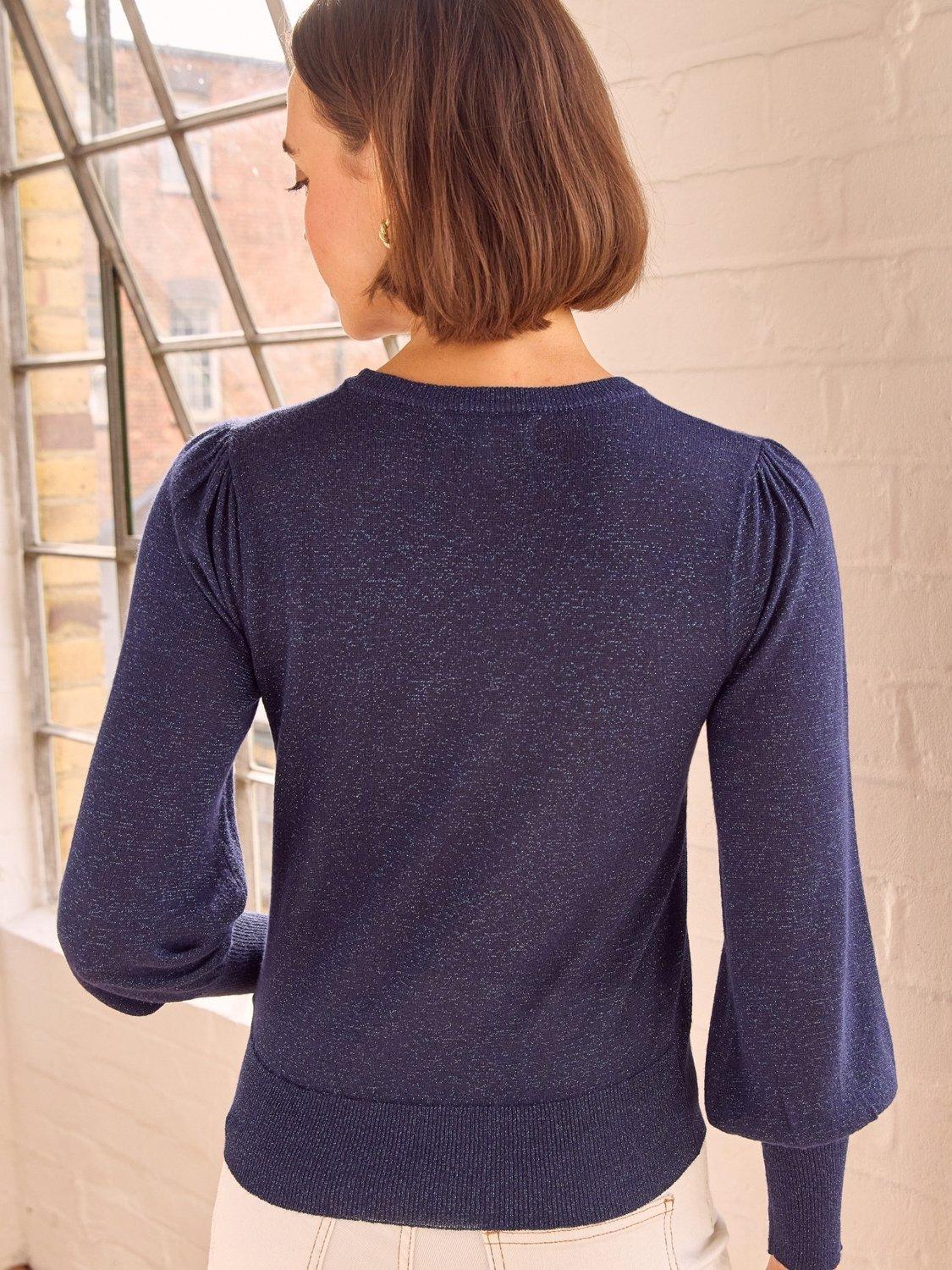 Product image 4 of 4, which shows Aspiga Metallic Knit Crew Neck Jumper, Navy, XS