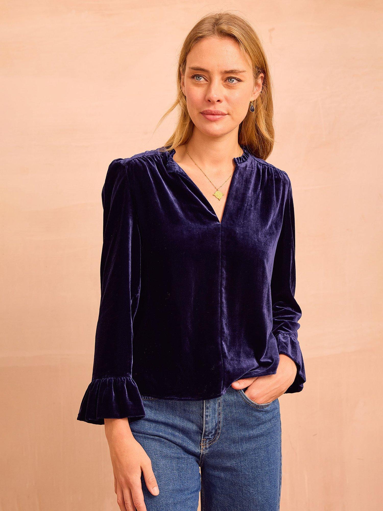Aspiga Astrid Velvet V-Neck Top, Navy