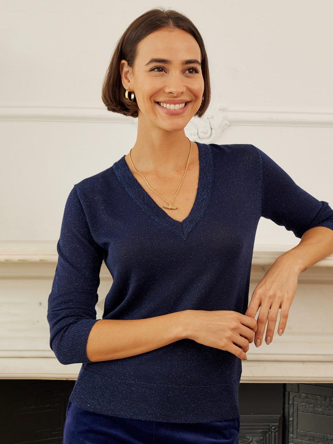 Product image 1 of 6, which shows Aspiga Metallic Knit V-Neck Jumper, Navy, XS