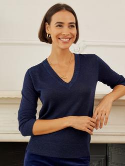 Aspiga Metallic Knit V-Neck Jumper, Navy, Navy