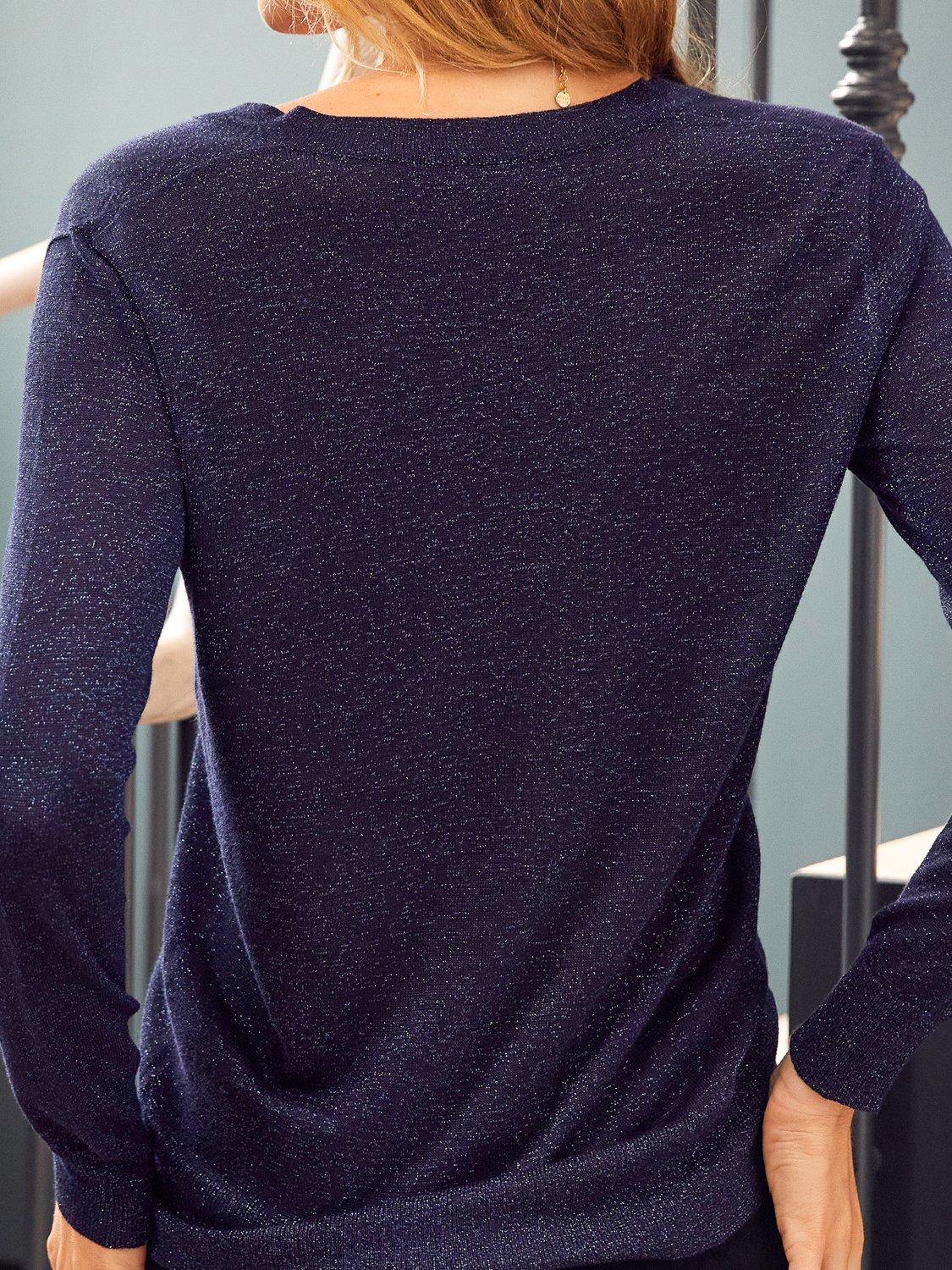 Product image 6 of 6, which shows Aspiga Metallic Knit V-Neck Jumper, Navy, XS