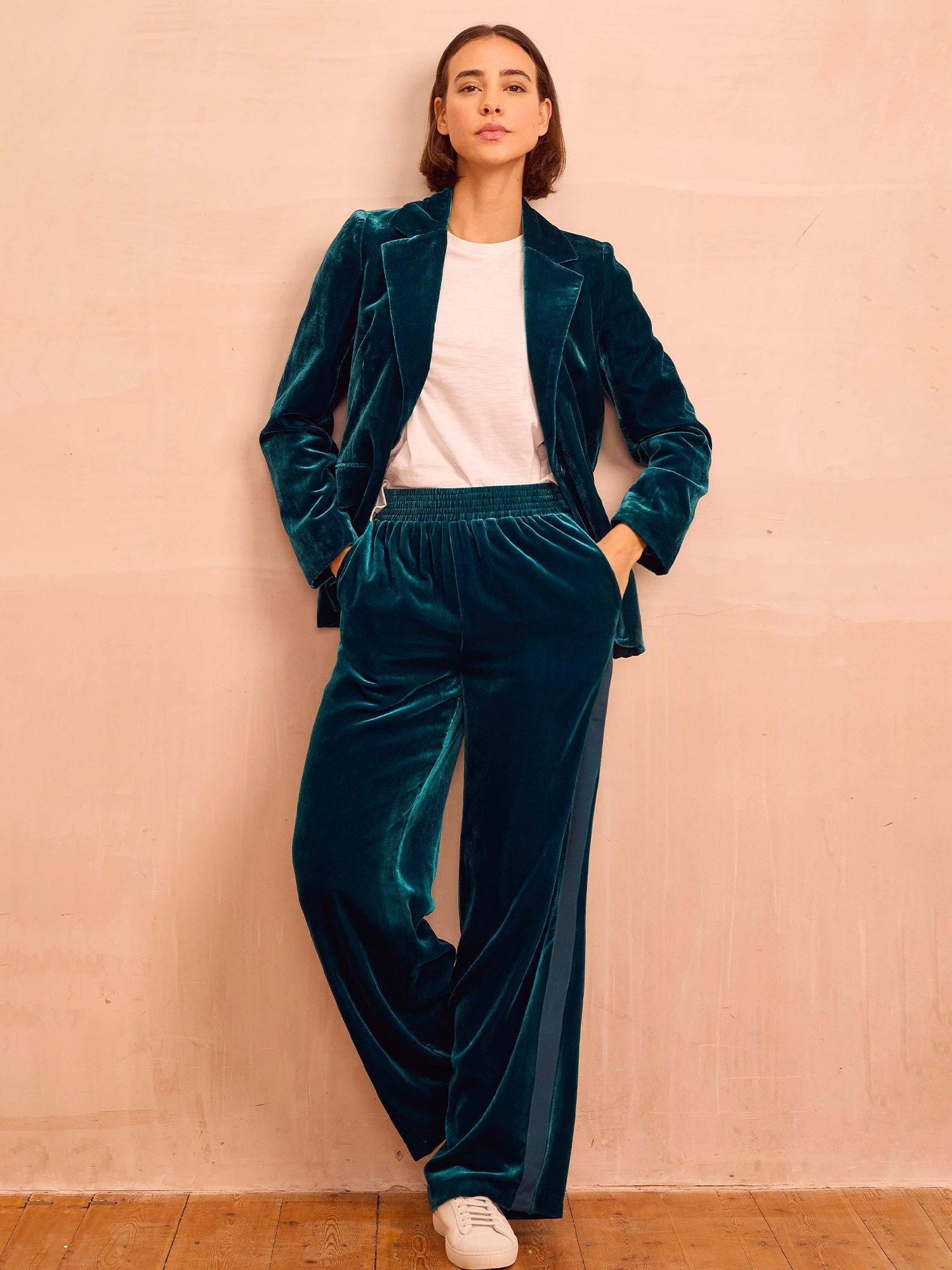 Product image 2 of 6, which shows Aspiga Velvet Side Stripe Trousers, Teal, XS