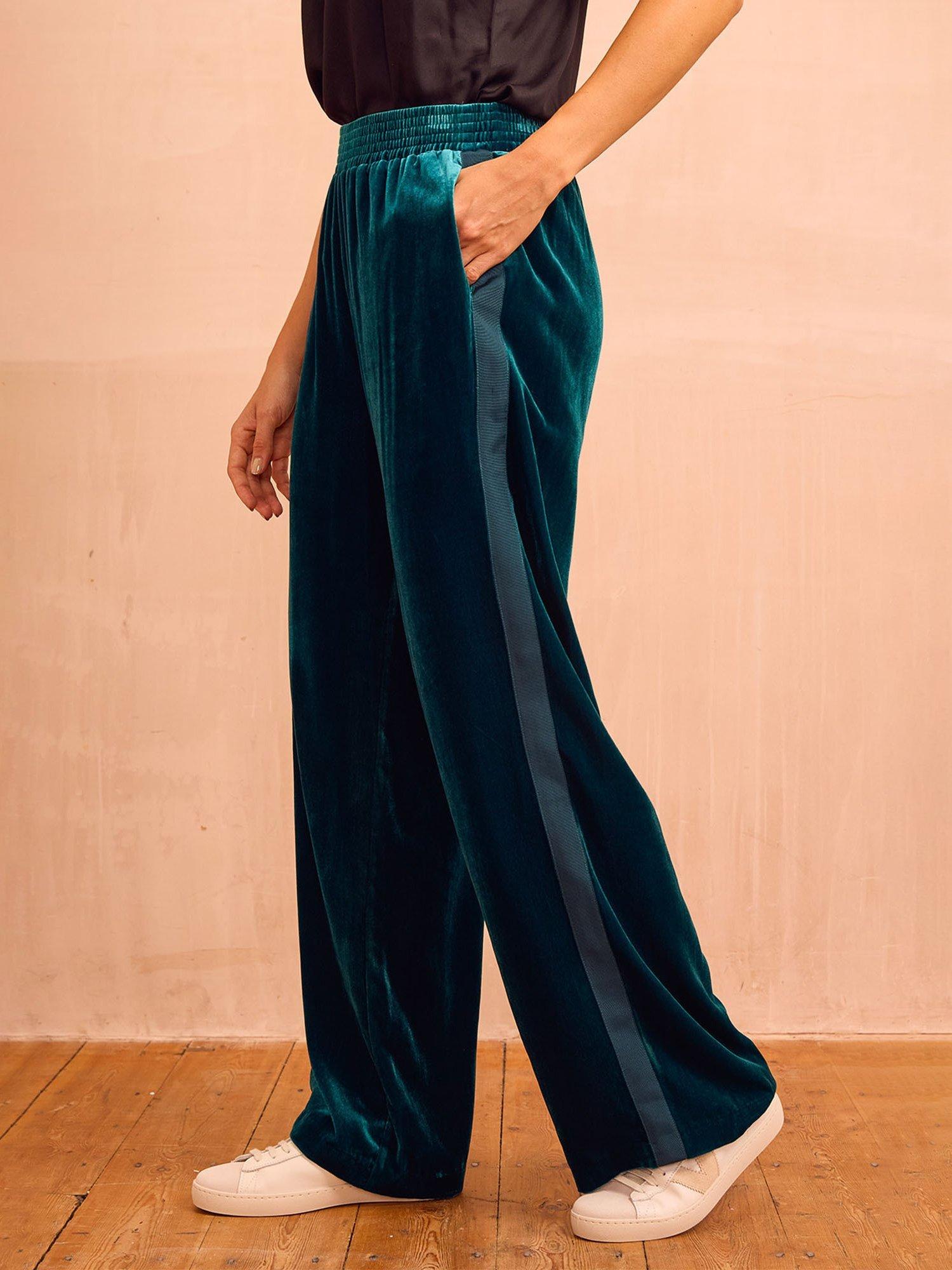 Product image 3 of 6, which shows Aspiga Velvet Side Stripe Trousers, Teal, XS