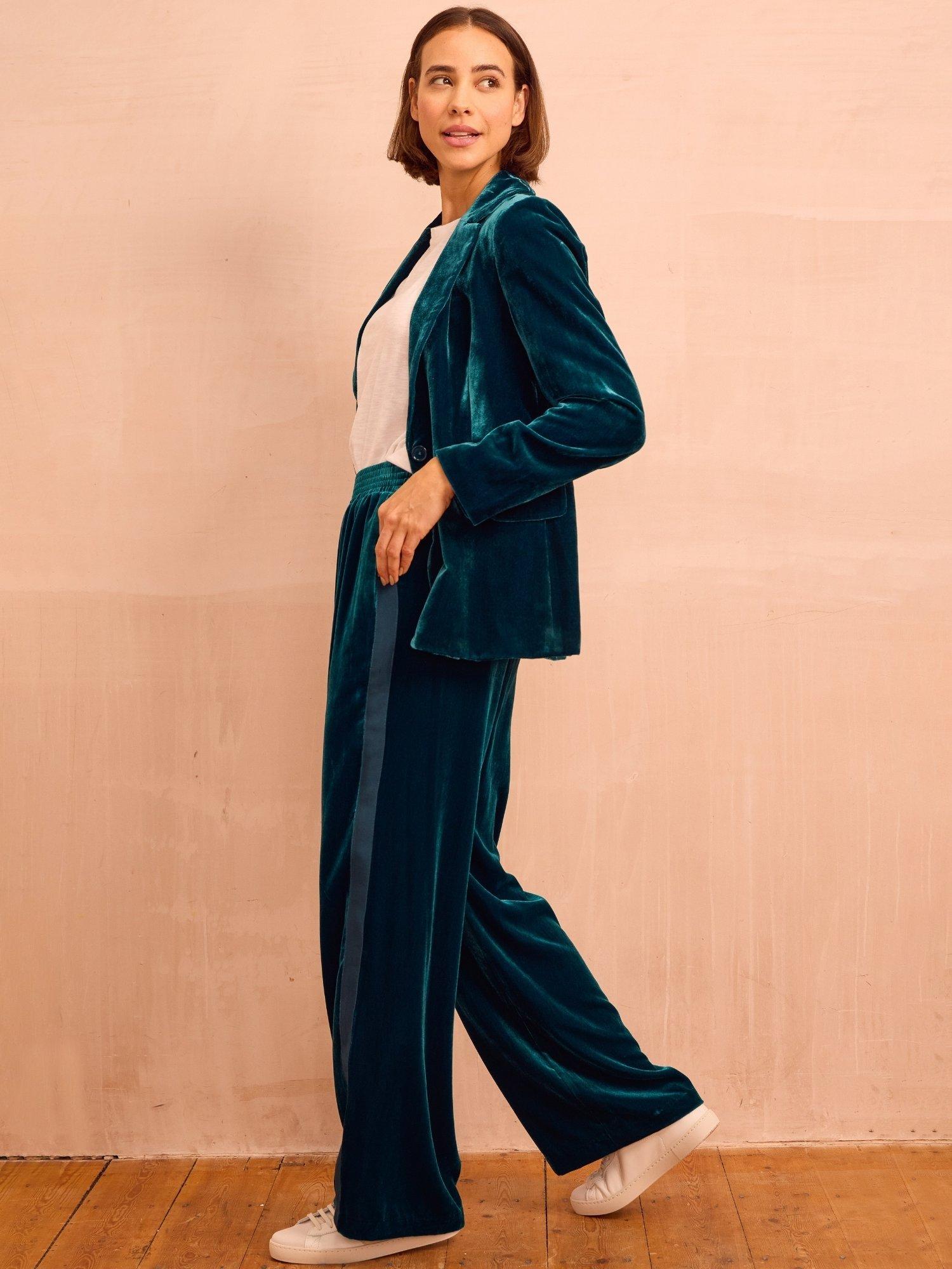 Product image 6 of 6, which shows Aspiga Velvet Side Stripe Trousers, Teal, XS