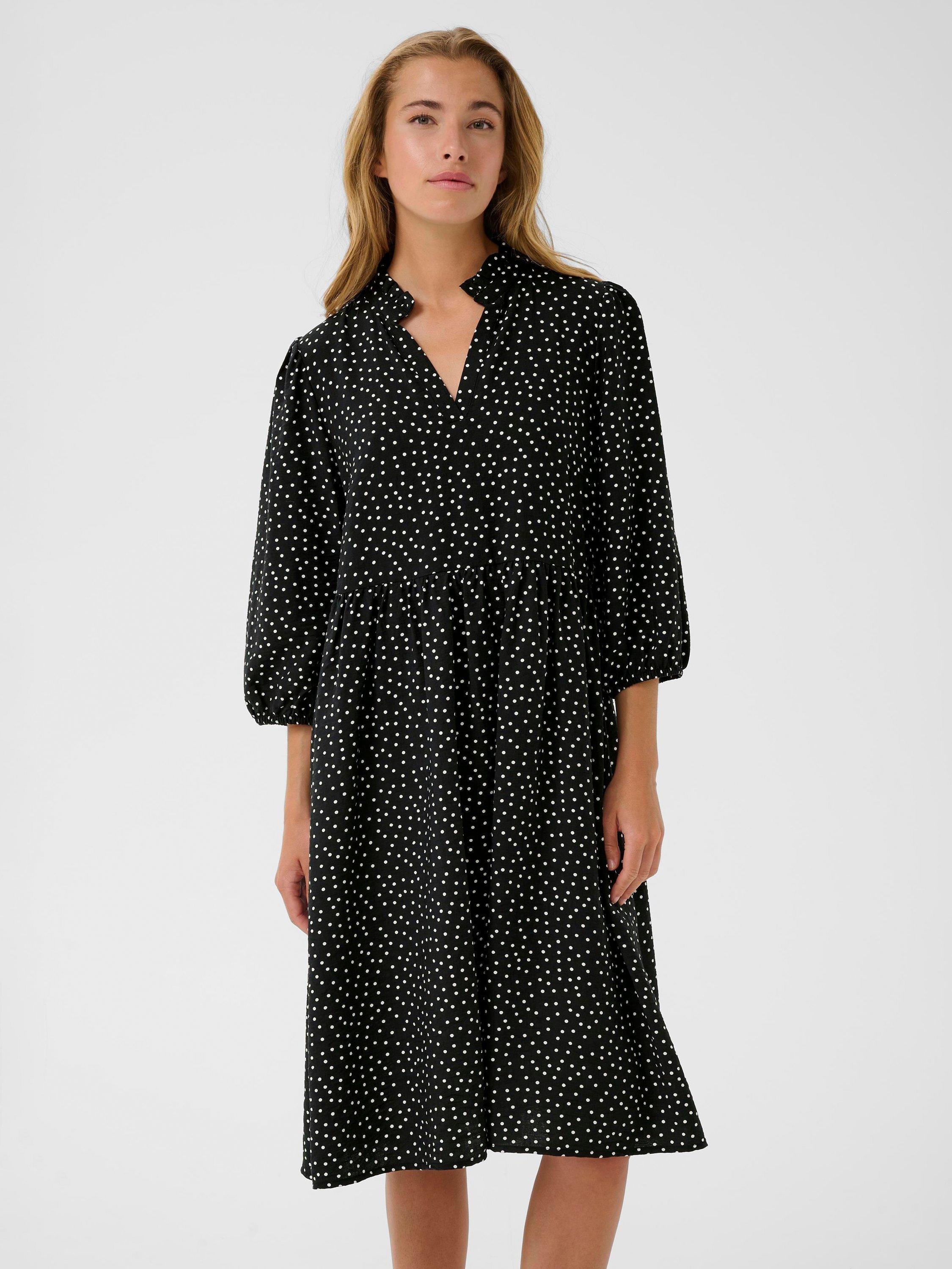 Product image 1 of 6, which shows KAFFE Rea Polka Dot Midi Dress, Black/Multi, 8