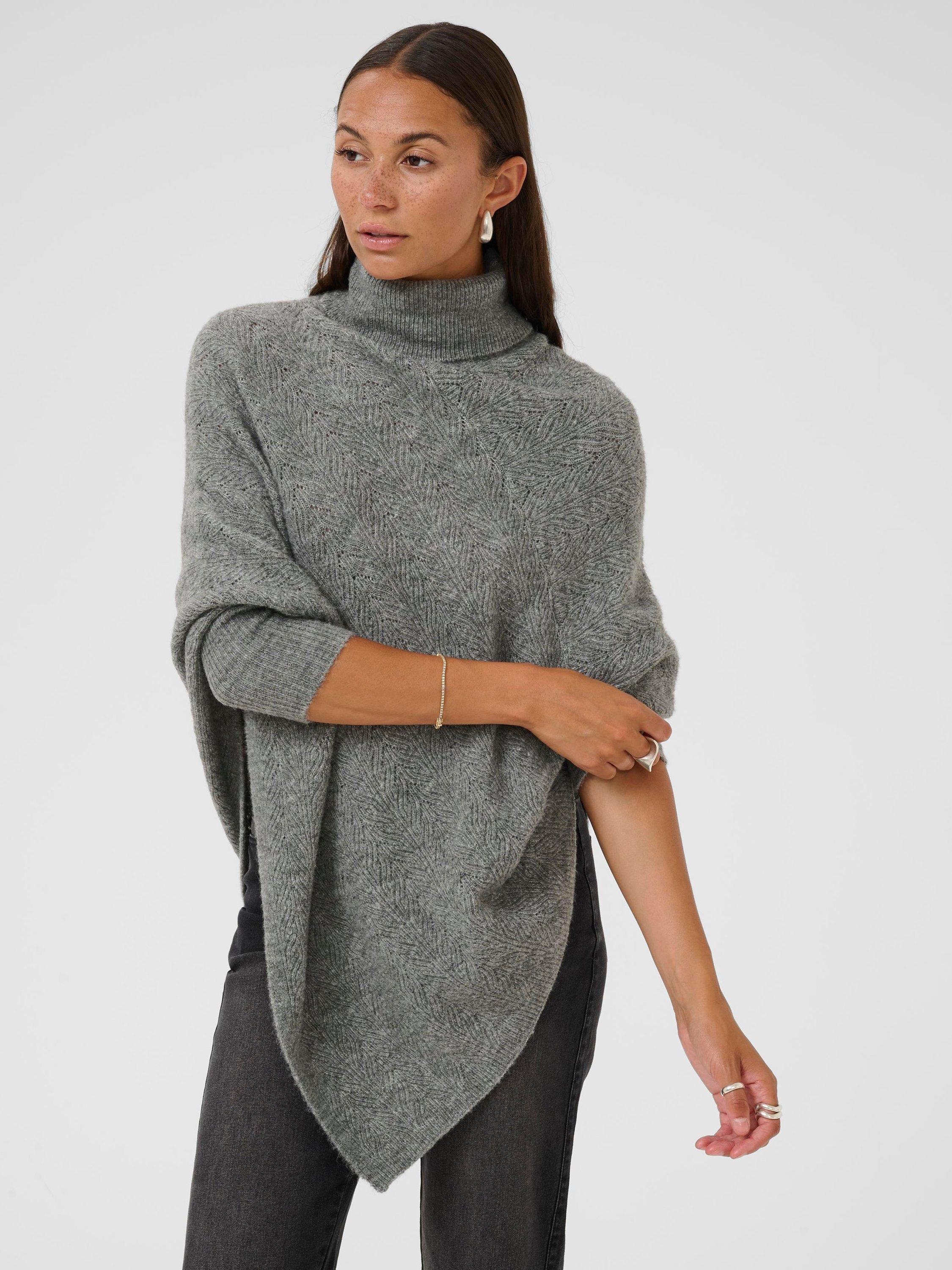 Product image 1 of 6, which shows KAFFE Jennie Knit Roll Neck Poncho, Dark Grey, One Size