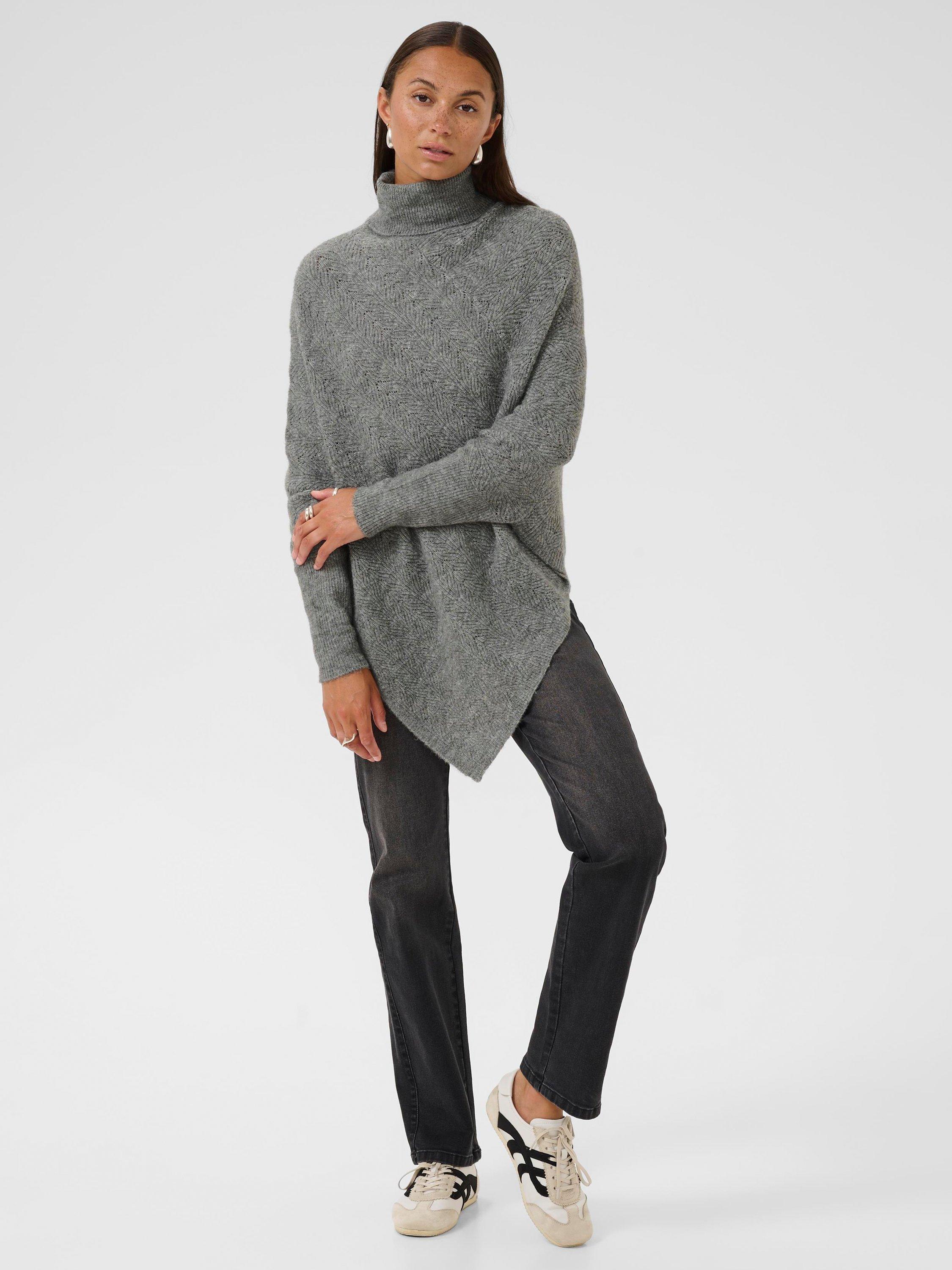 Product image 3 of 6, which shows KAFFE Jennie Knit Roll Neck Poncho, Dark Grey, One Size
