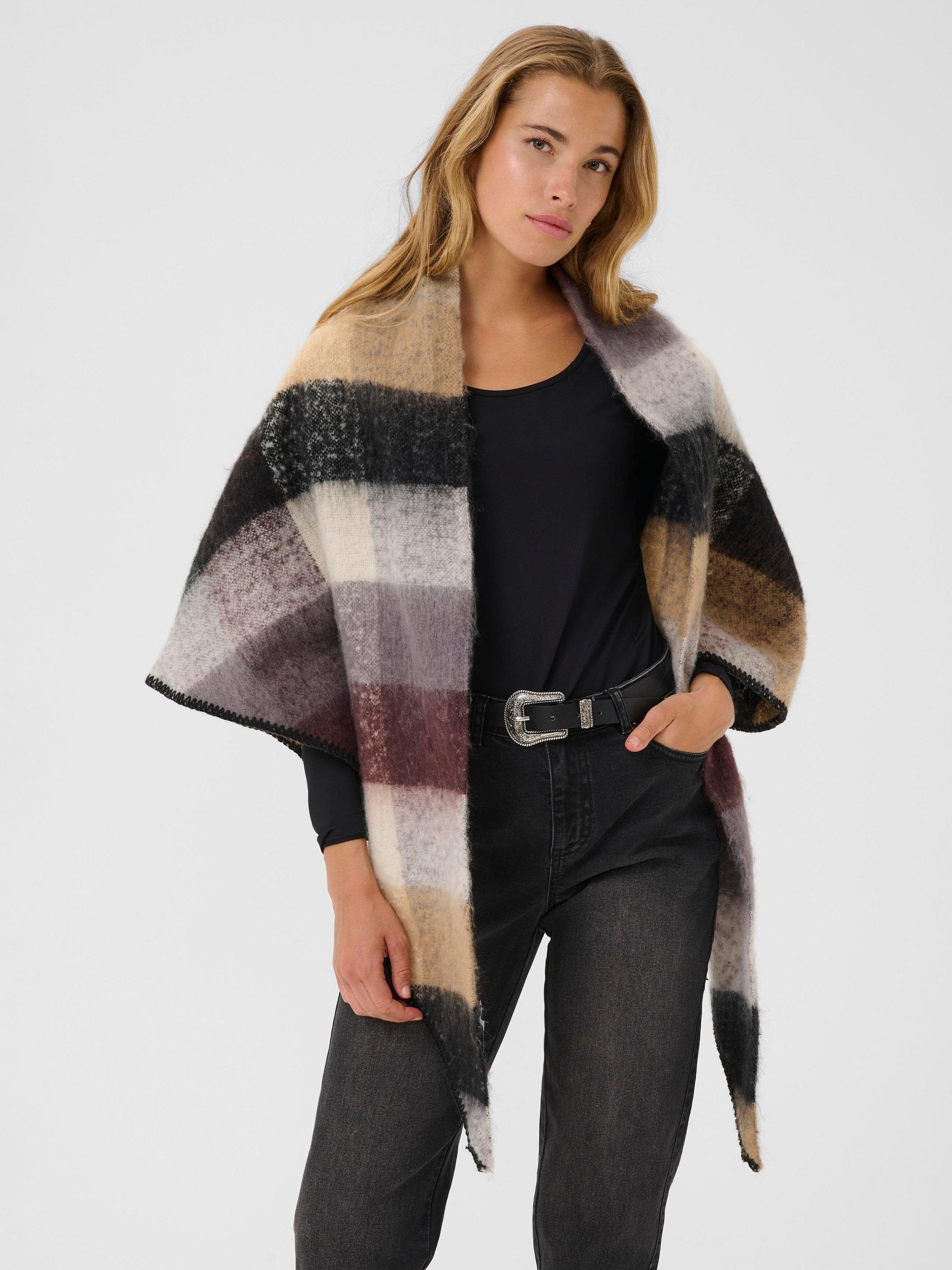 Product image 1 of 6, which shows KAFFE  KAelaine Check Pattern Open Neck Poncho, Brown, One Size