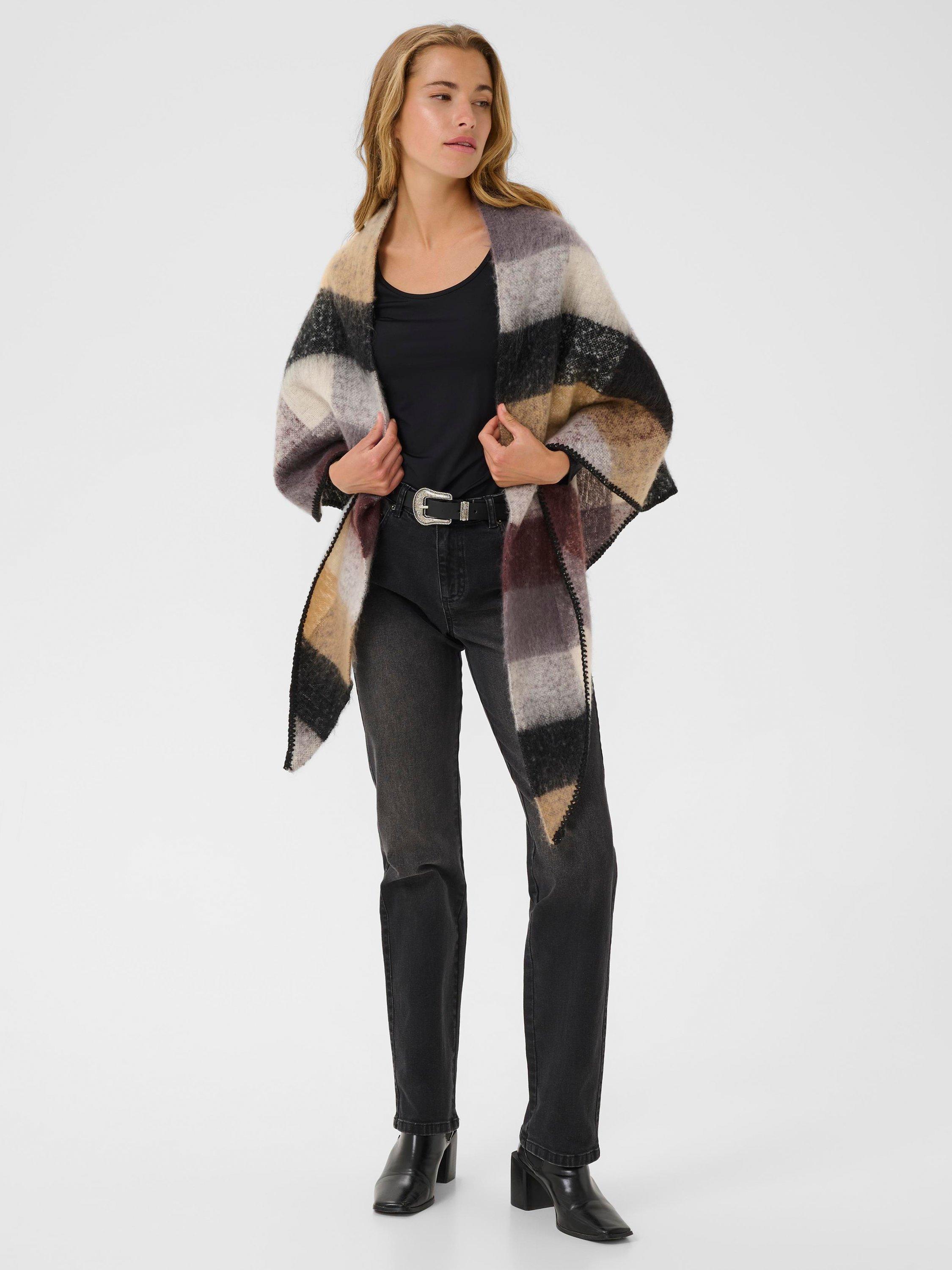 Product image 3 of 6, which shows KAFFE  KAelaine Check Pattern Open Neck Poncho, Brown, One Size