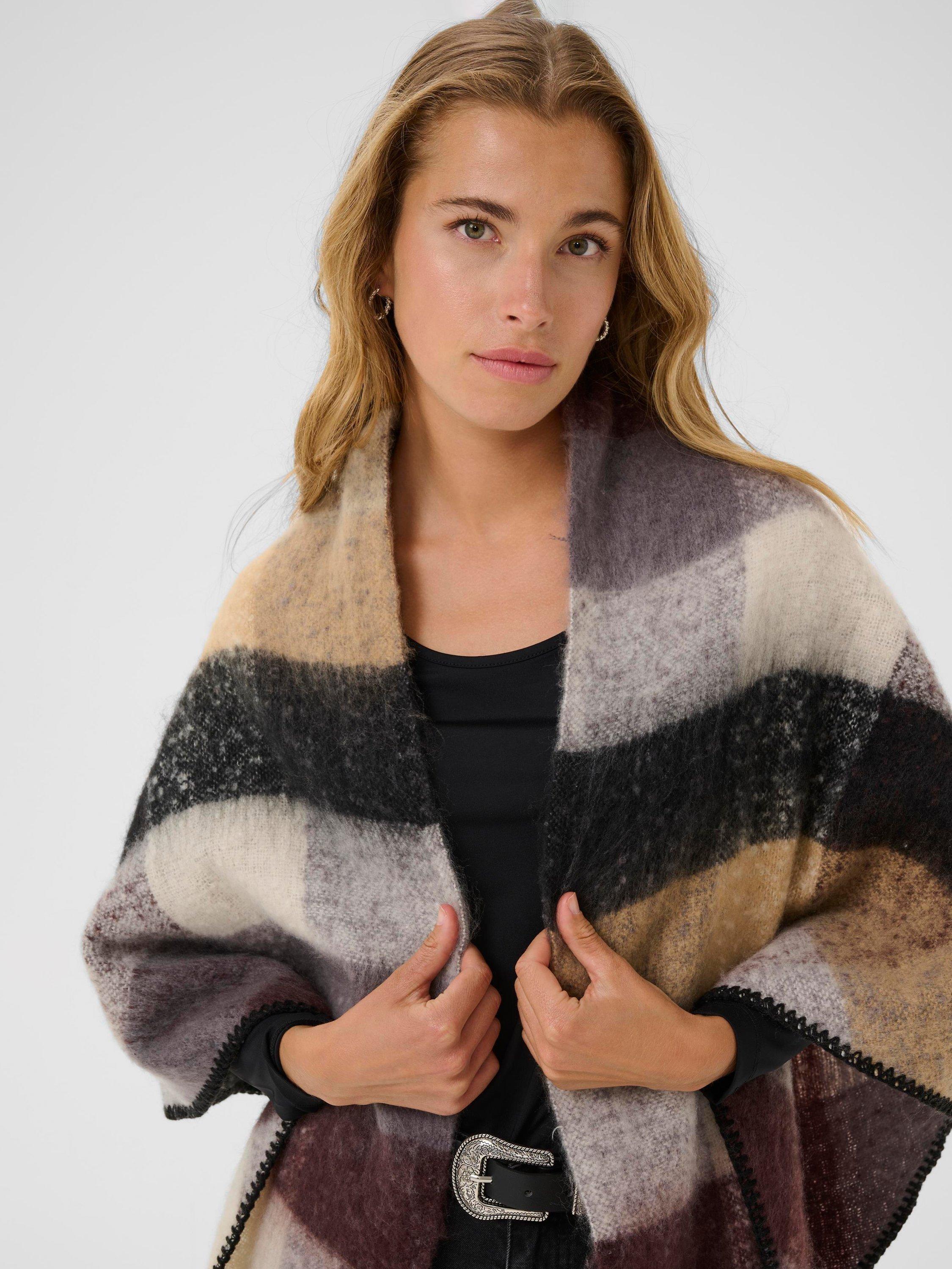 Product image 4 of 6, which shows KAFFE  KAelaine Check Pattern Open Neck Poncho, Brown, One Size