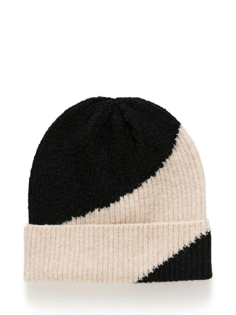Product image 1 of 4, which shows KAFFE Elsa Colour Block Beanie Hat, Black/Beige, One Size
