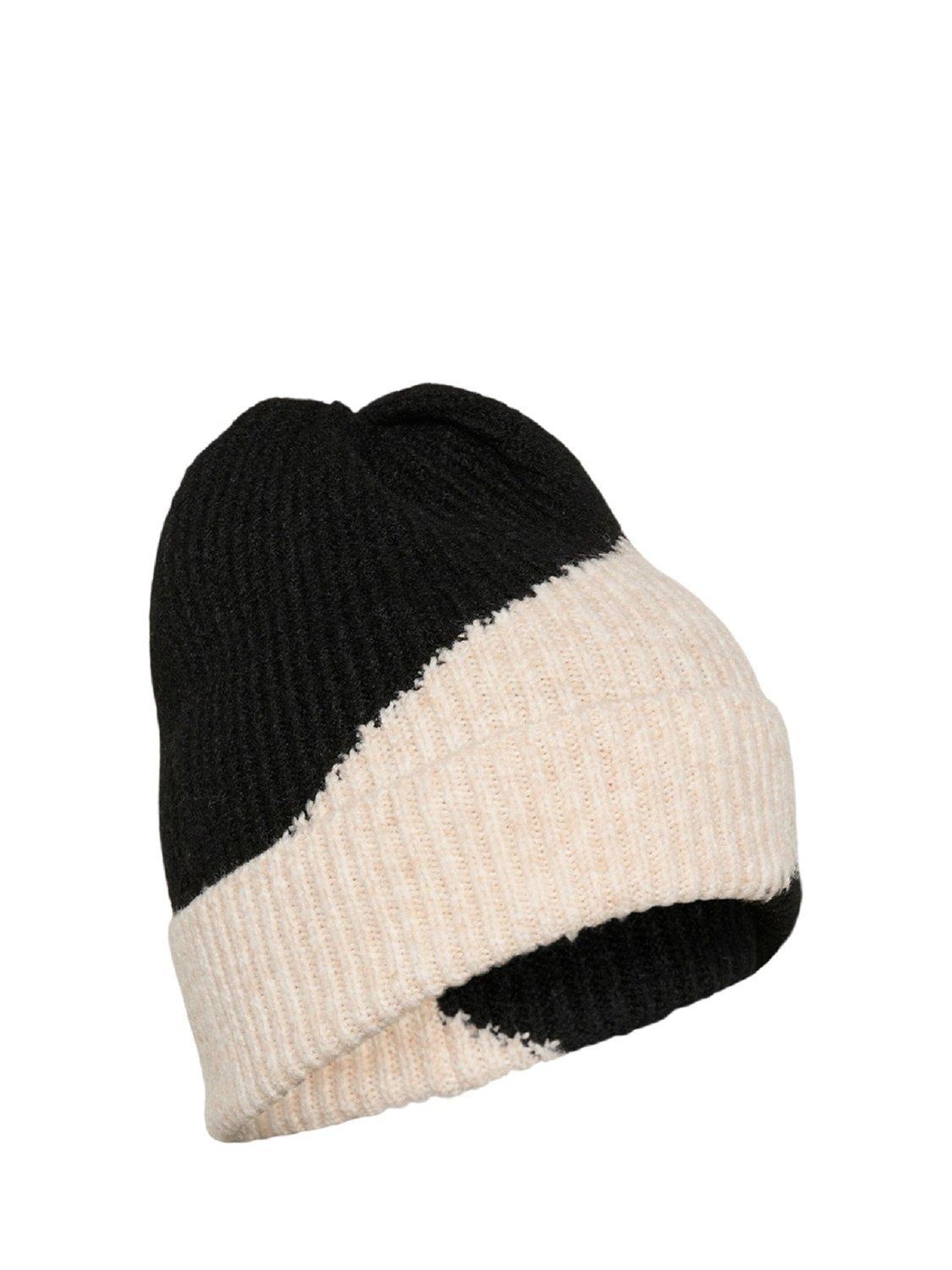 Product image 4 of 4, which shows KAFFE Elsa Colour Block Beanie Hat, Black/Beige, One Size
