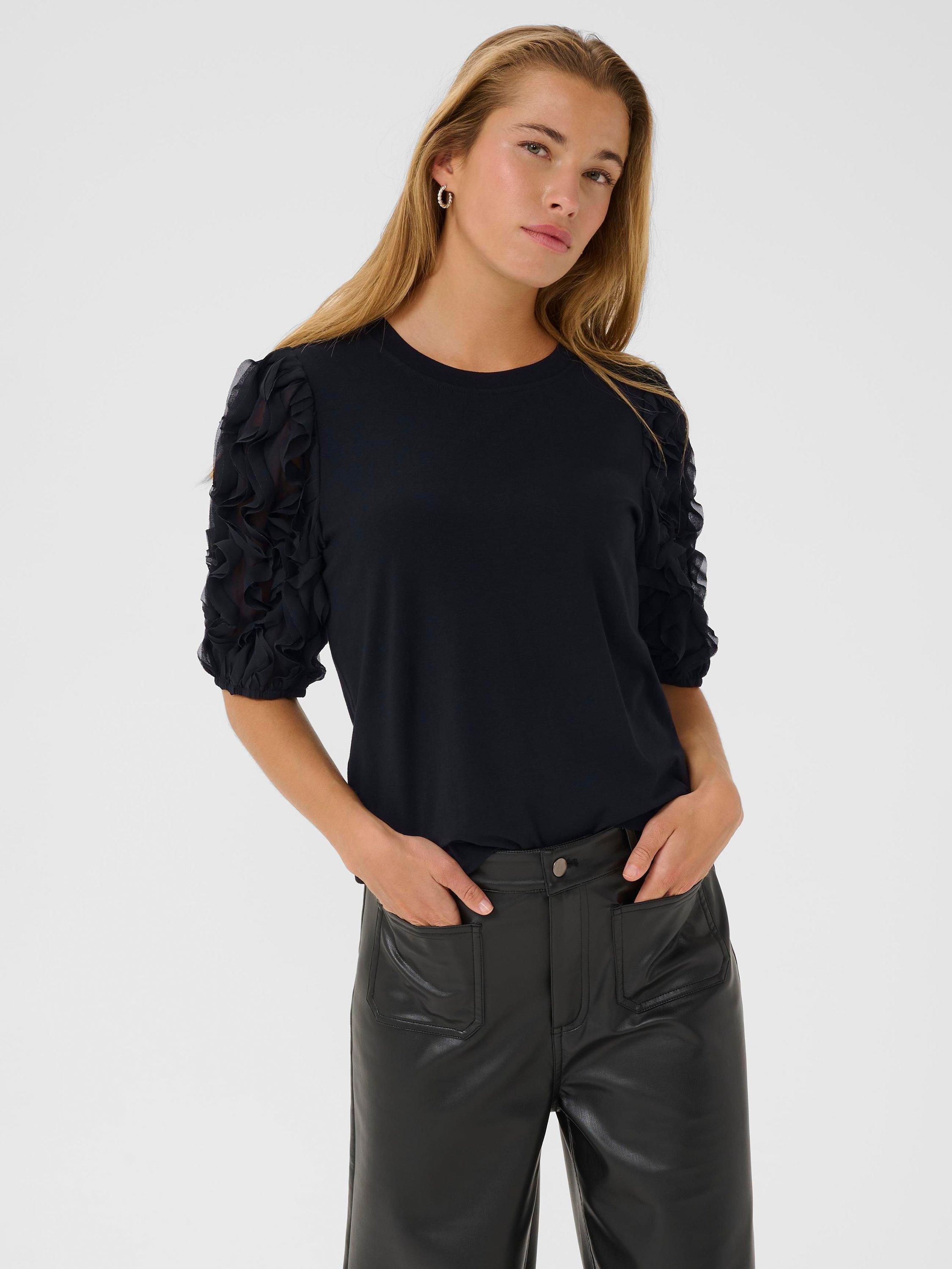 Product image 1 of 6, which shows KAFFE Linda Frill T-Shirt, Black Deep, XS