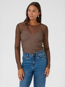 KAFFE Stinna Embellished Long Sleeve Round Neck Blouse, Black Coffee