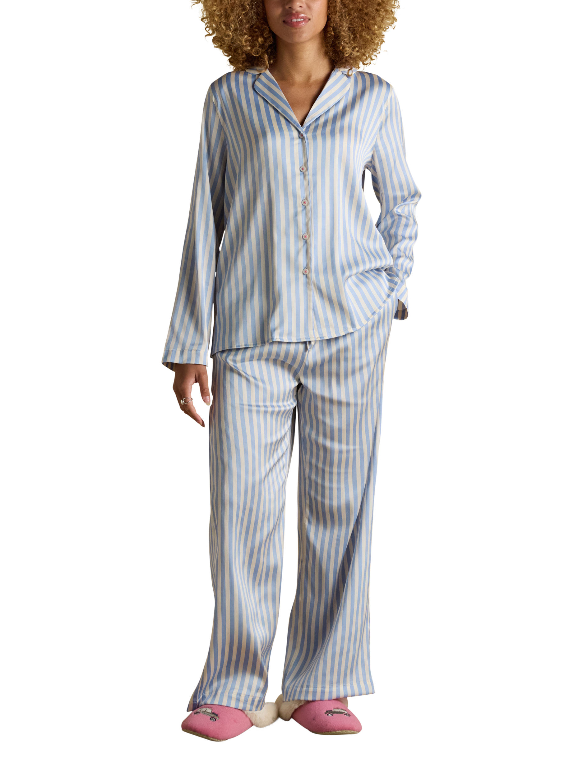 Product image 1 of 8, which shows Joules Satin Pyjama Set, Pale Blue/Multi, XS Reg