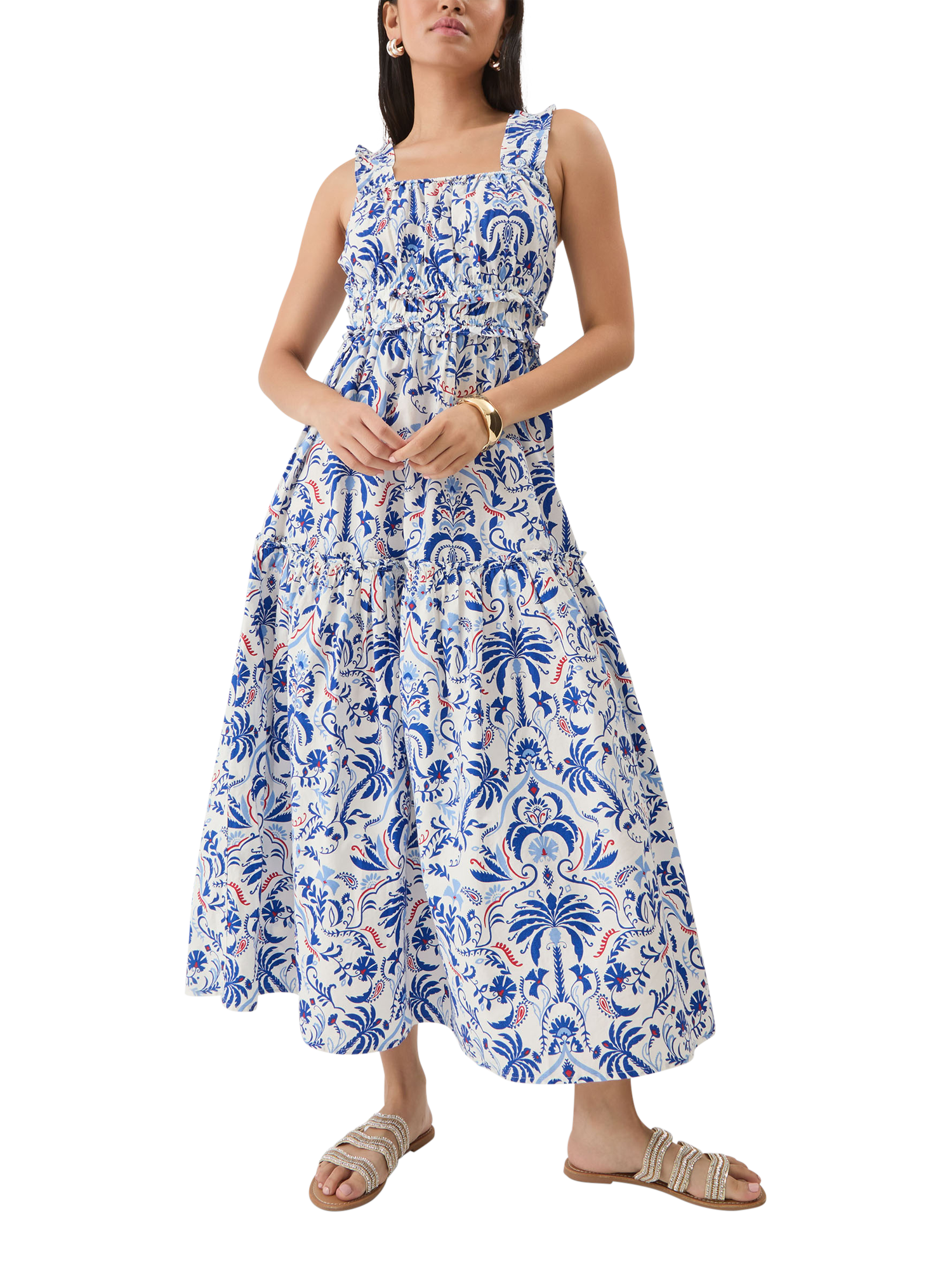 Product image 1 of 5, which shows Accessorize Ornamental Tiered Maxi Dress, Blue/Multi, XS