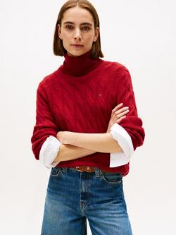 Tommy Hilfiger Cable Knit Roll Neck Pure Wool Jumper, Regatta Red, Regatta Red