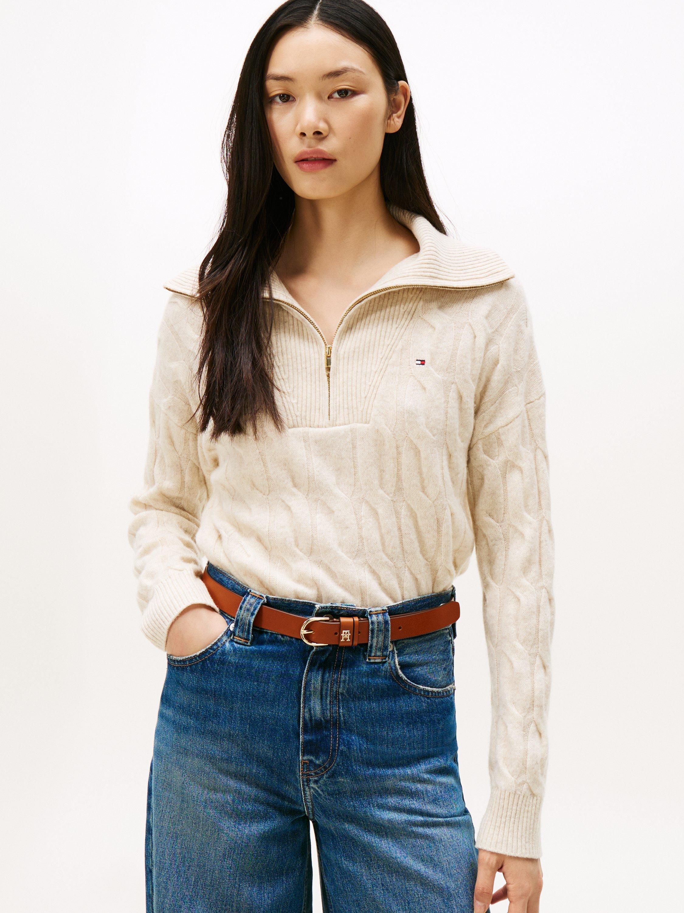 Tommy Hilfiger Half-Zip Cable Knit Soft Wool Jumper, Heather Oatmilk