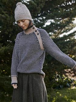 Celtic & Co. Birdseye Stitch Button Neck Pure Wool Jumper, Oatmeal / Dark Navy, Oatmeal / Dark Navy