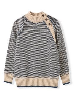 Celtic & Co. Birdseye Stitch Button Neck Pure Wool Jumper, Oatmeal / Dark Navy - view 2, Oatmeal / Dark Navy