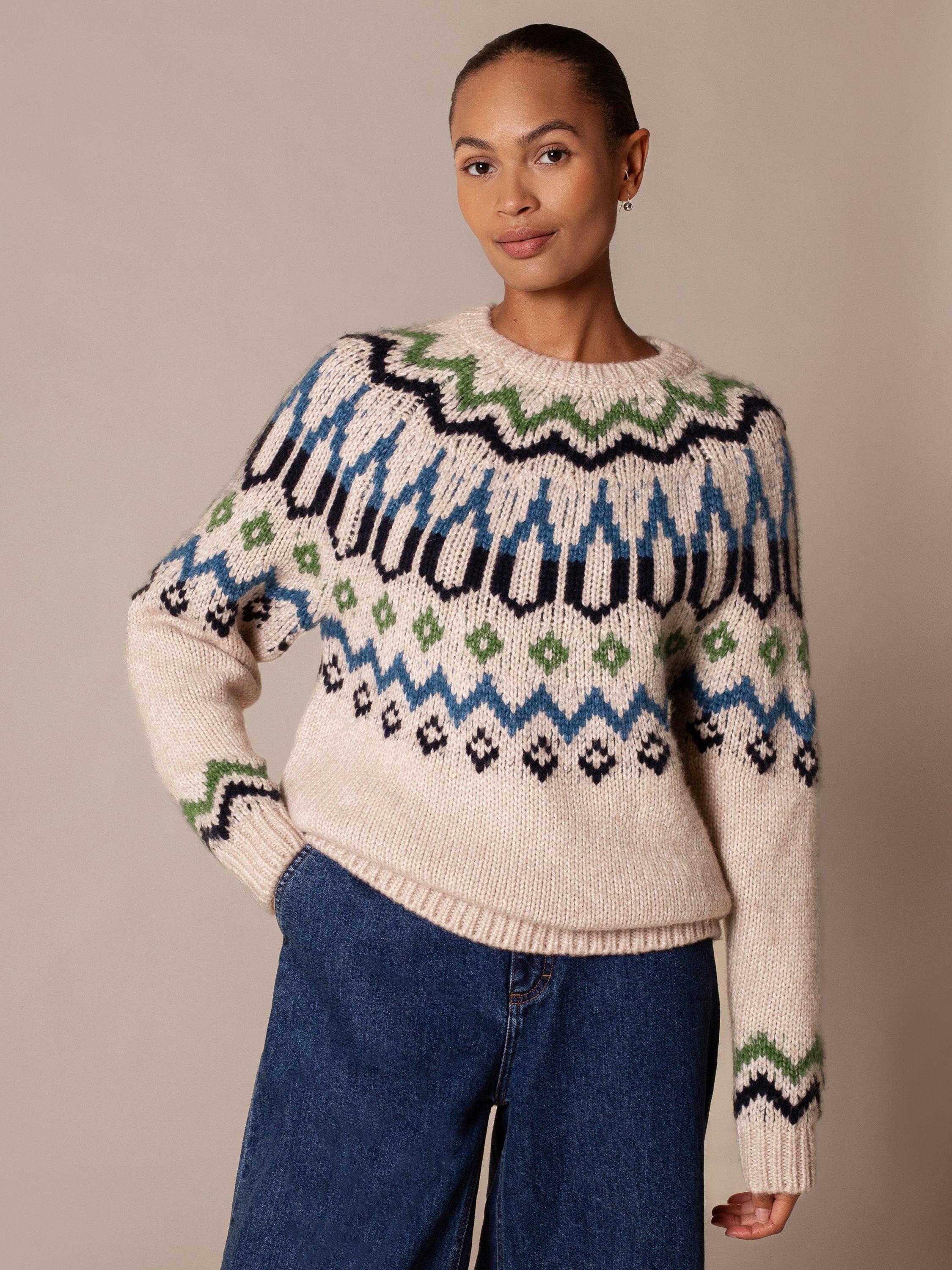 Product image 2 of 8, which shows Celtic & Co. Fair Isle Yoke Wool Blend Jumper, Oatmeal/Multi, XS