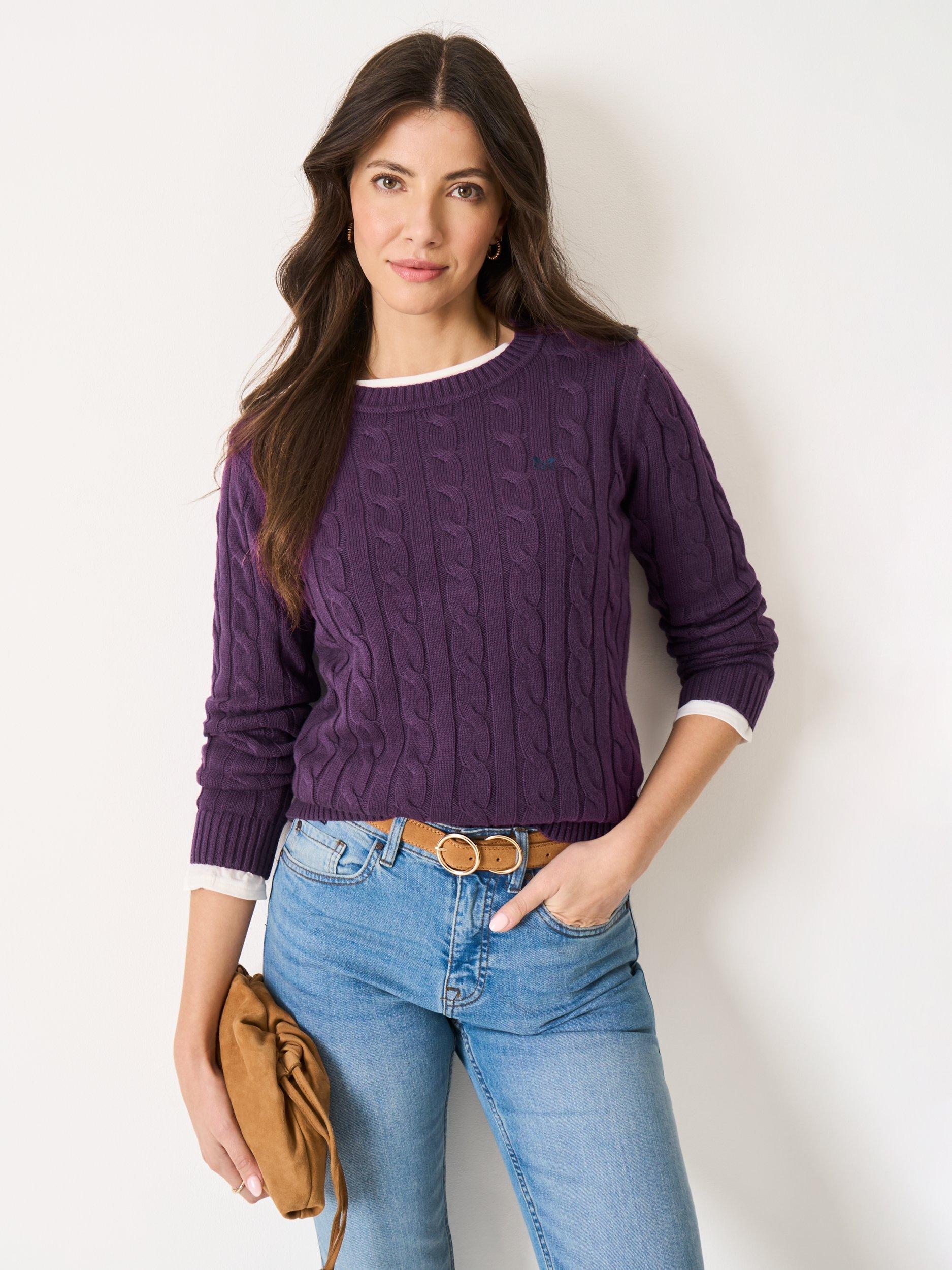 Product image 1 of 5, which shows Crew Clothing Heritage Cable Knit Jumper, Purple, 8