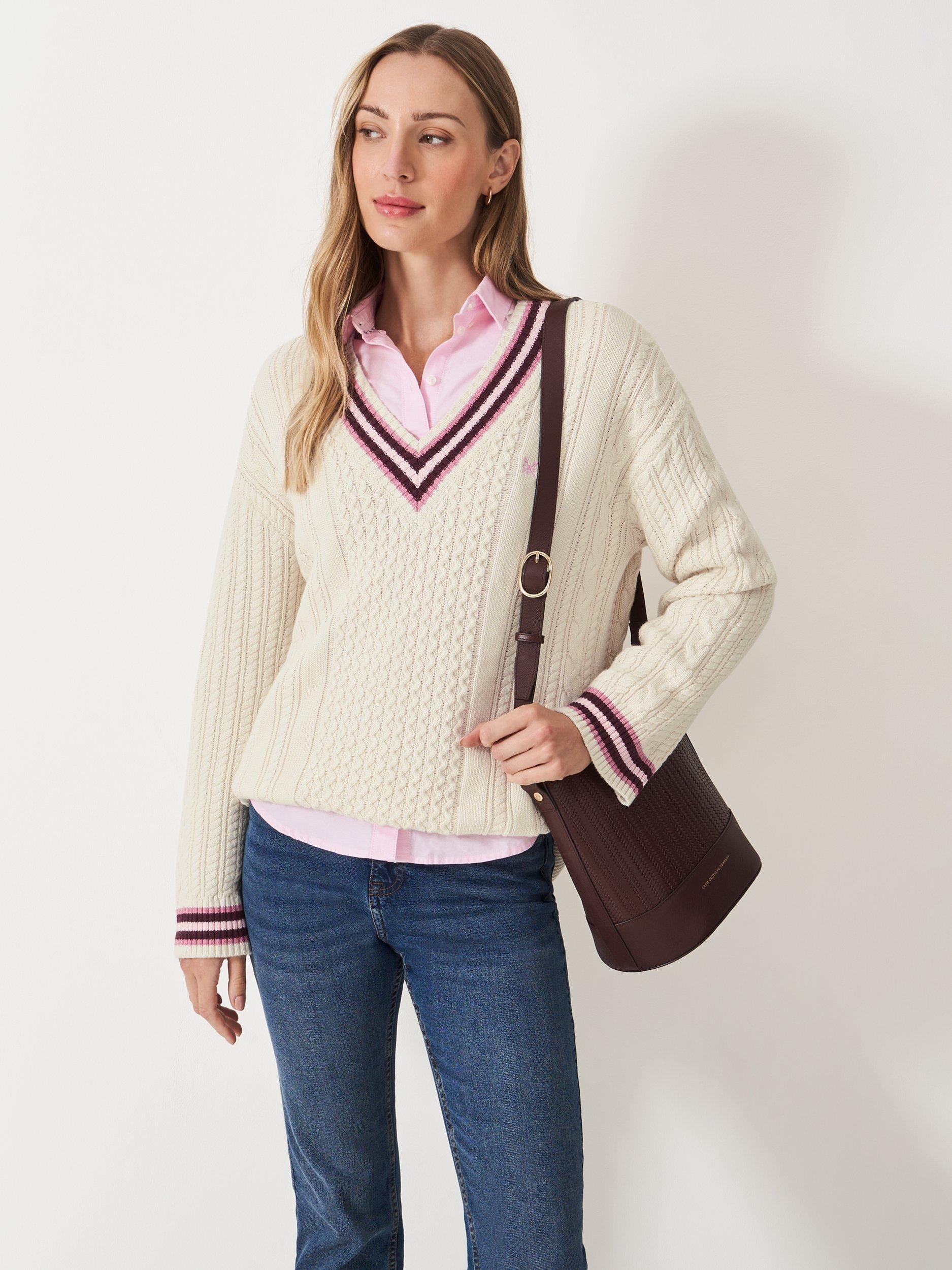 Product image 1 of 4, which shows Crew Clothing Oversized Cable Knit Cricket Jumper, White, 10