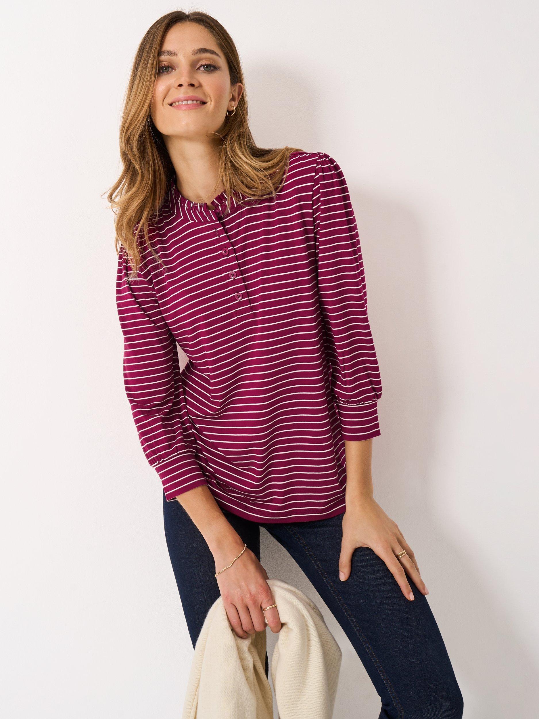 Product image 1 of 5, which shows Crew Clothing Stripe Long Sleeve Round Neck Blouse, Red/White, 10