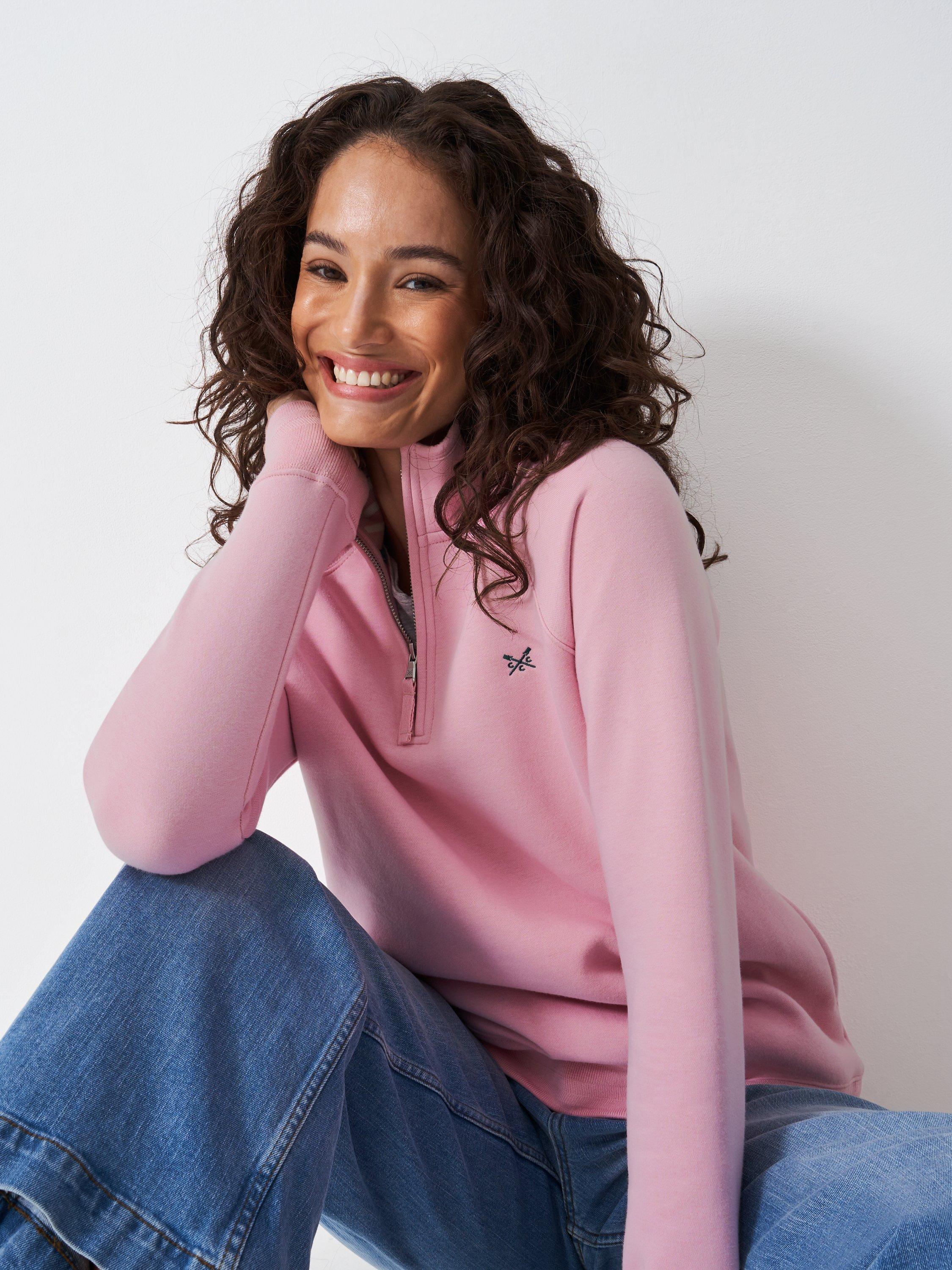 Product image 1 of 5, which shows Crew Clothing Cotton Blend Zip Neck Jumper, Pastel Pink, 10