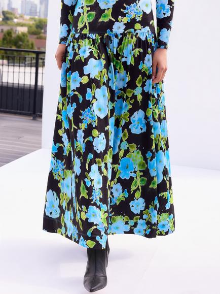 Ro&Zo Floral Dropped Waist Jersey Dress, Blue/Multi - view 2, Blue/Multi