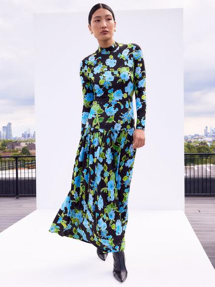 Ro&Zo Petite Floral Dropped Waist Jersey Dress, Blue/Multi, Blue/Multi